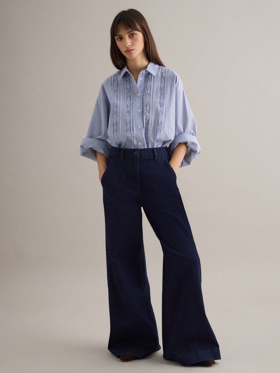 Oversized multicolour striped pure cotton shirt with pleats_1