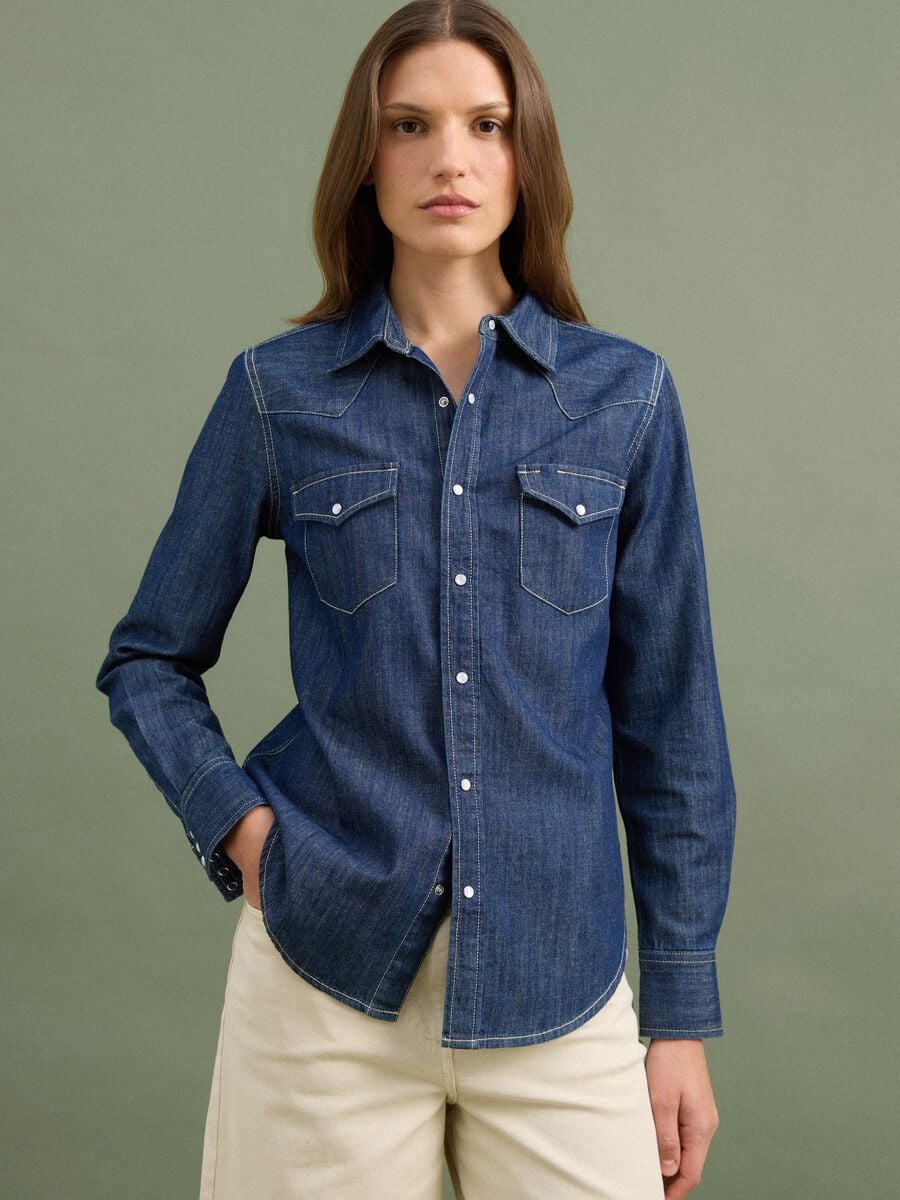 Dark blue pure cotton denim shirt, regular fit_1