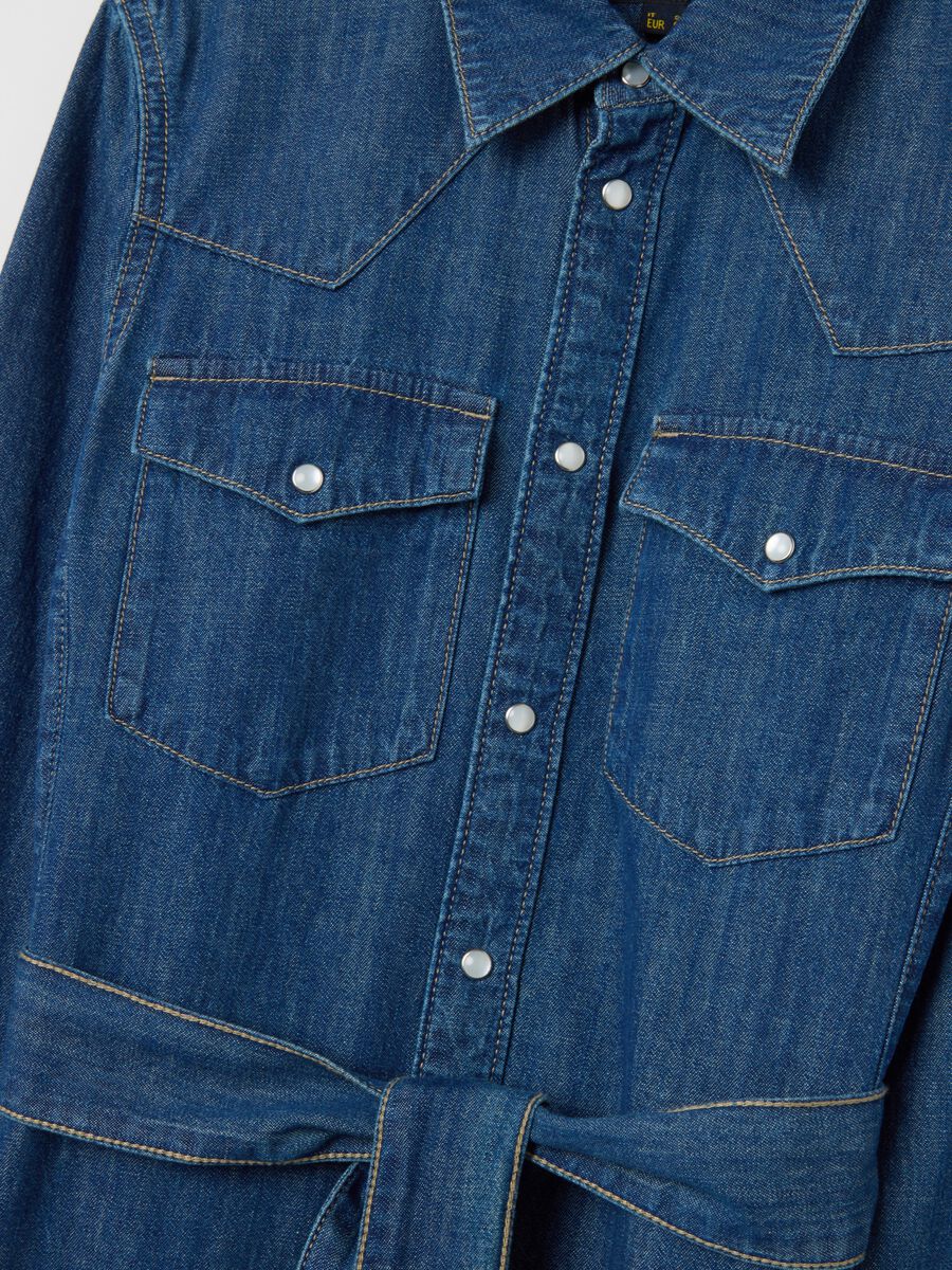 Long pure cotton denim dress with zip and belt_5