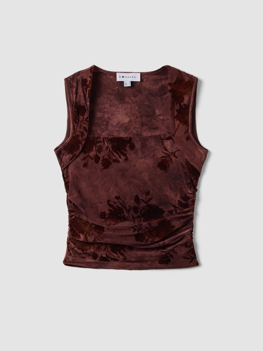 Top fitted rosso in tessuto elasticizzato con fantasia floreale_4