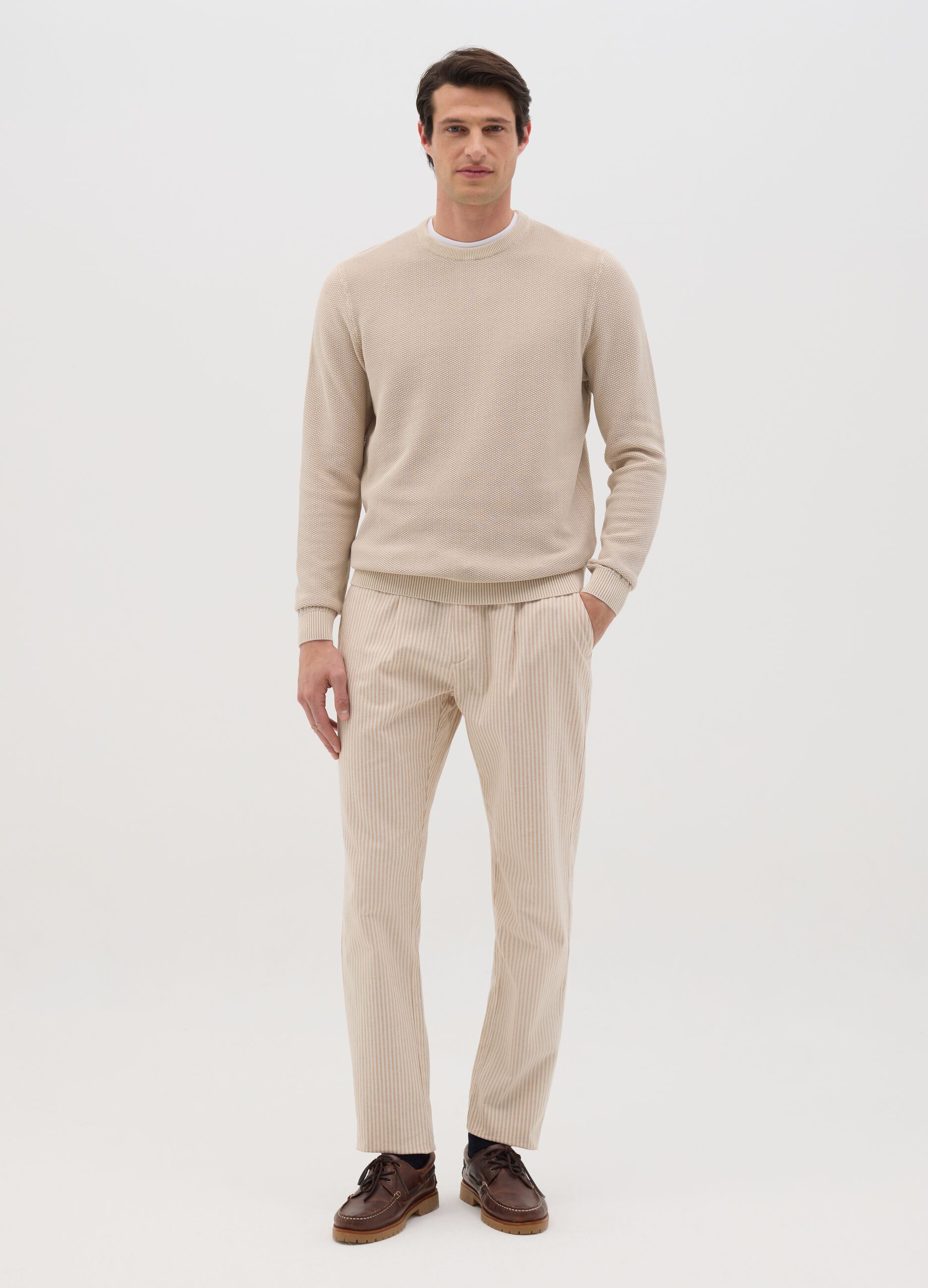 Beige Cotton Crew Neck Jumper
