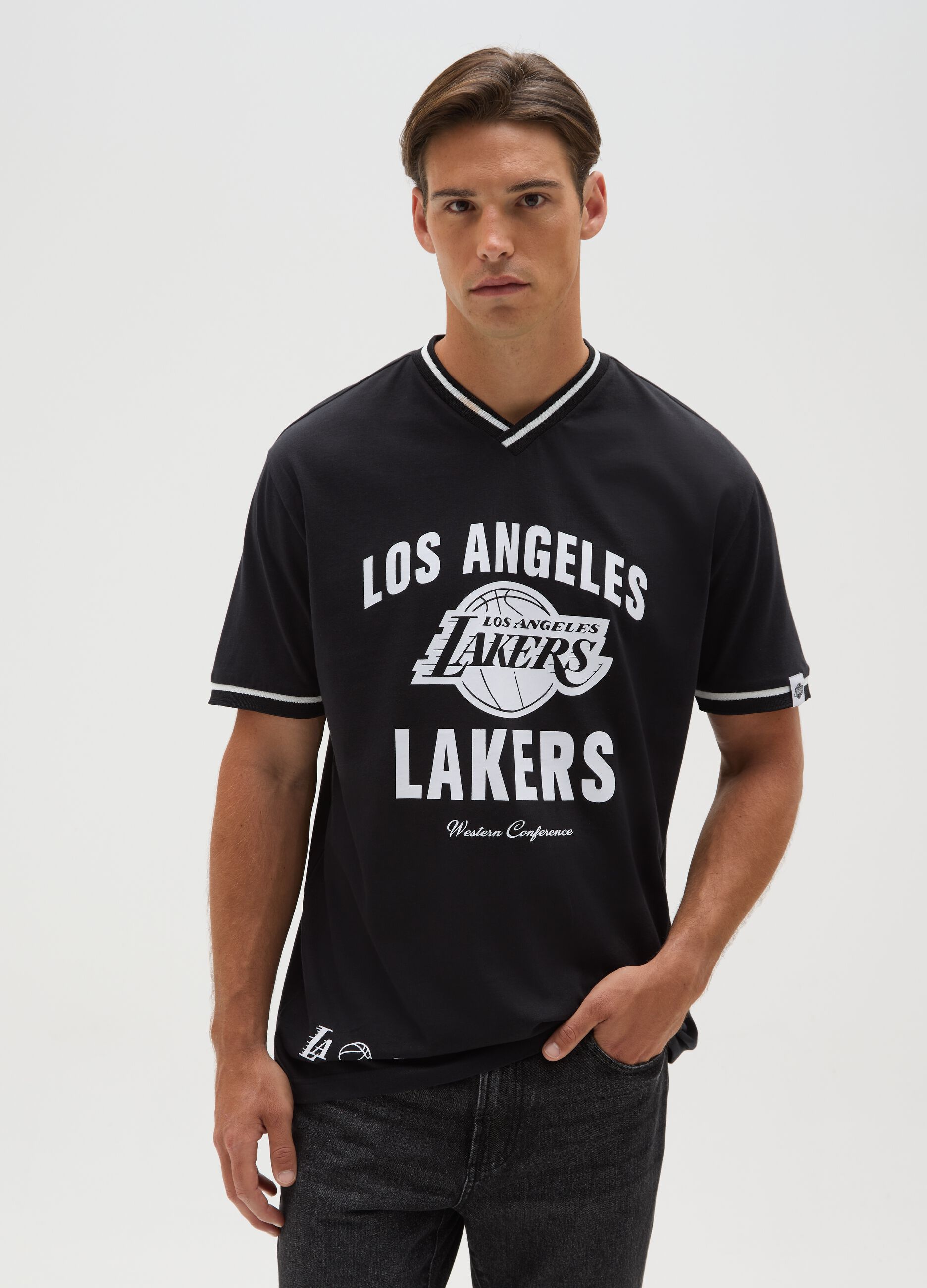 Maglia in puro cotone nera con stampa Los Angeles Lakers