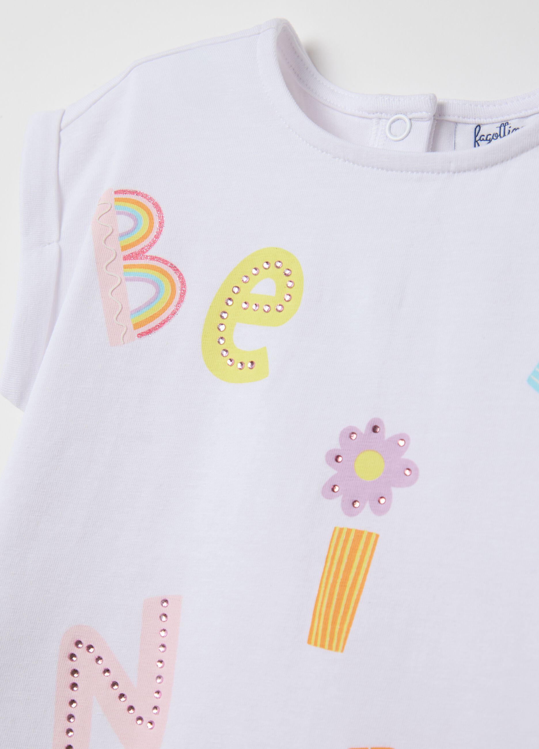 White T-shirt with print and diamanté application