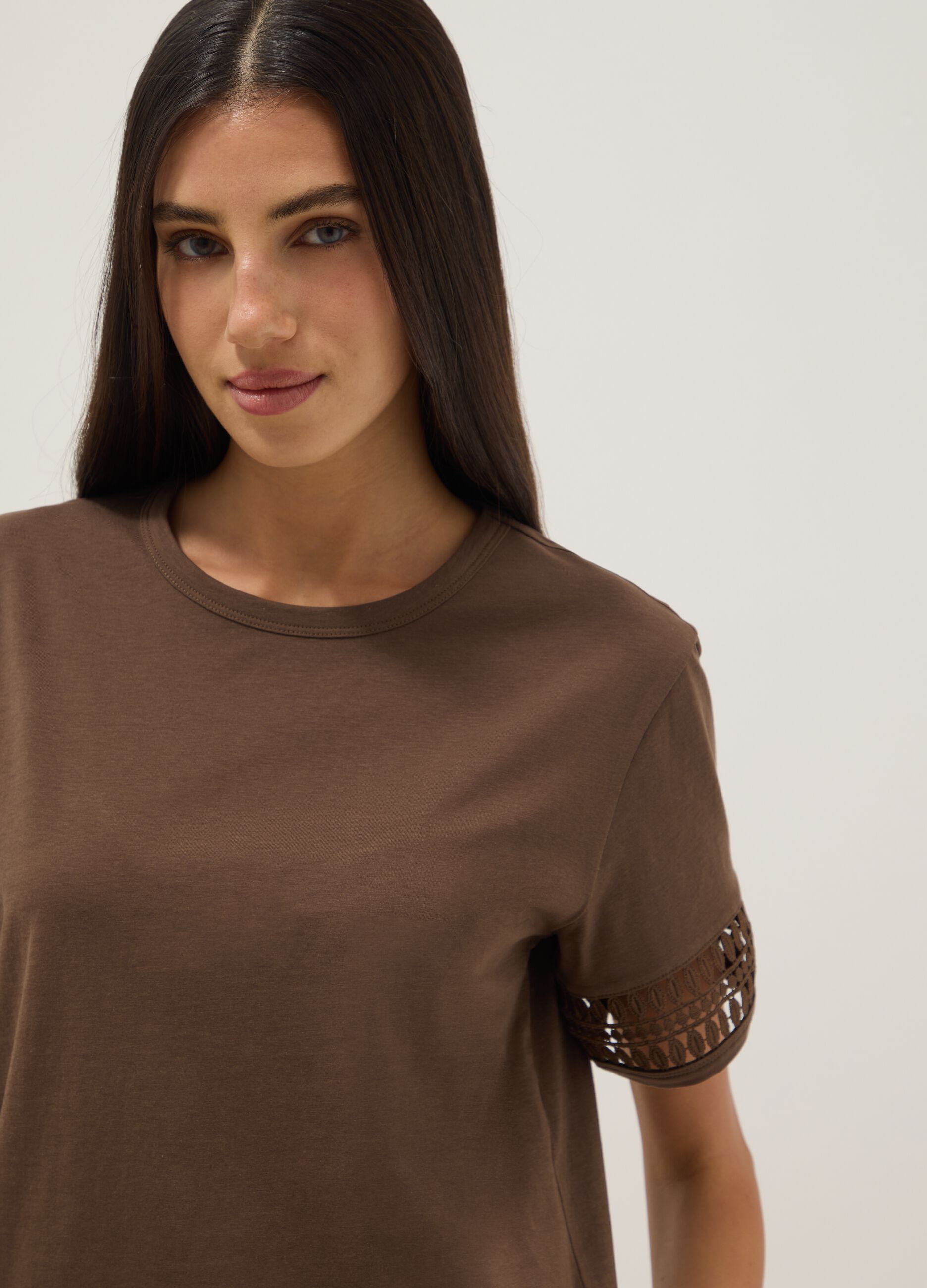 Brown pure cotton short-sleeve T-shirt
