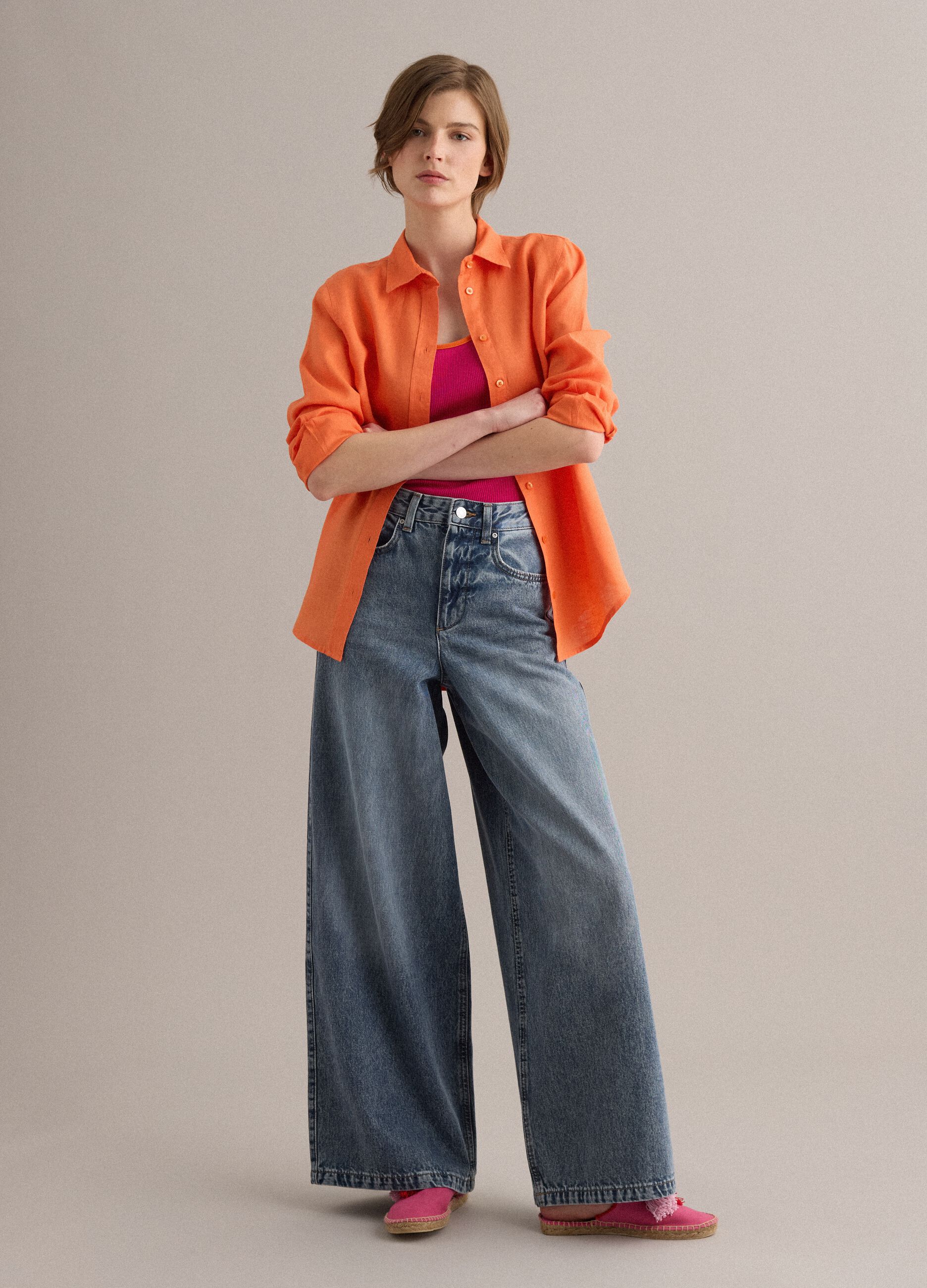 Orange pure linen regular fit shirt