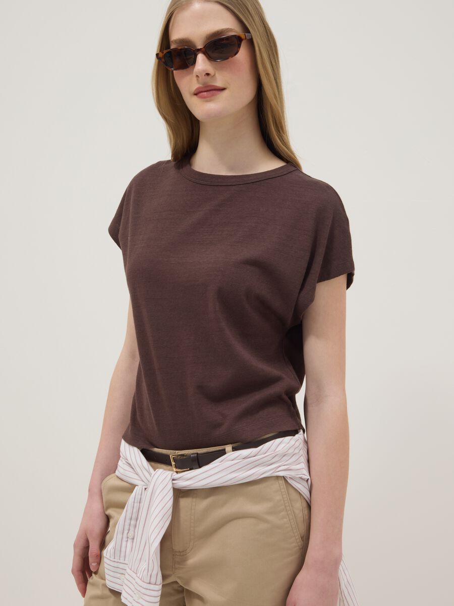 Brown cotton-linen blend short-sleeve T-shirt, regular fit_1