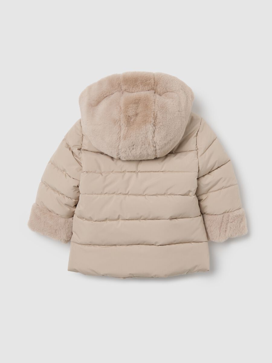 Beige padded jacket with faux fur hood_1