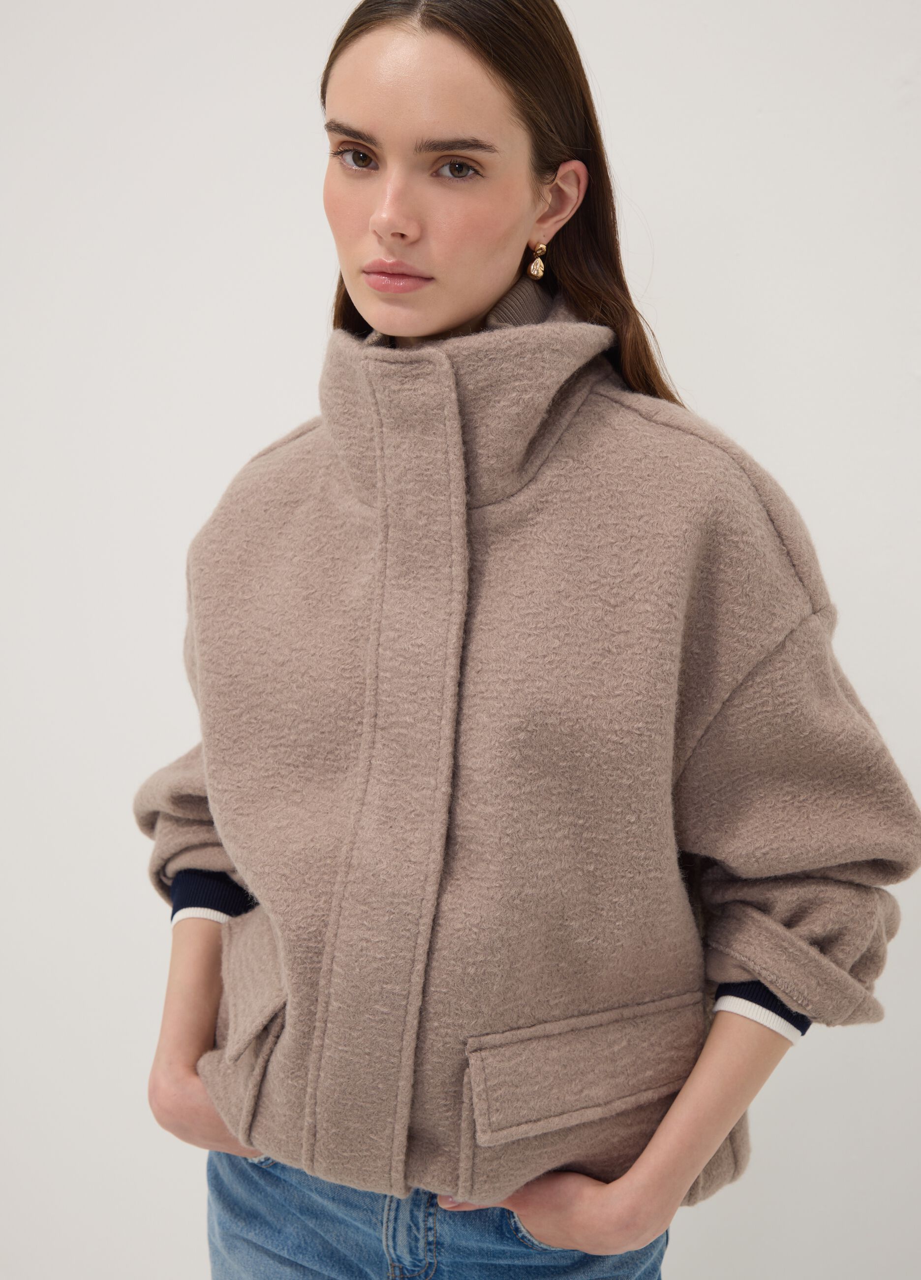 Beige regular-fit jacket with high neck and patch pockets