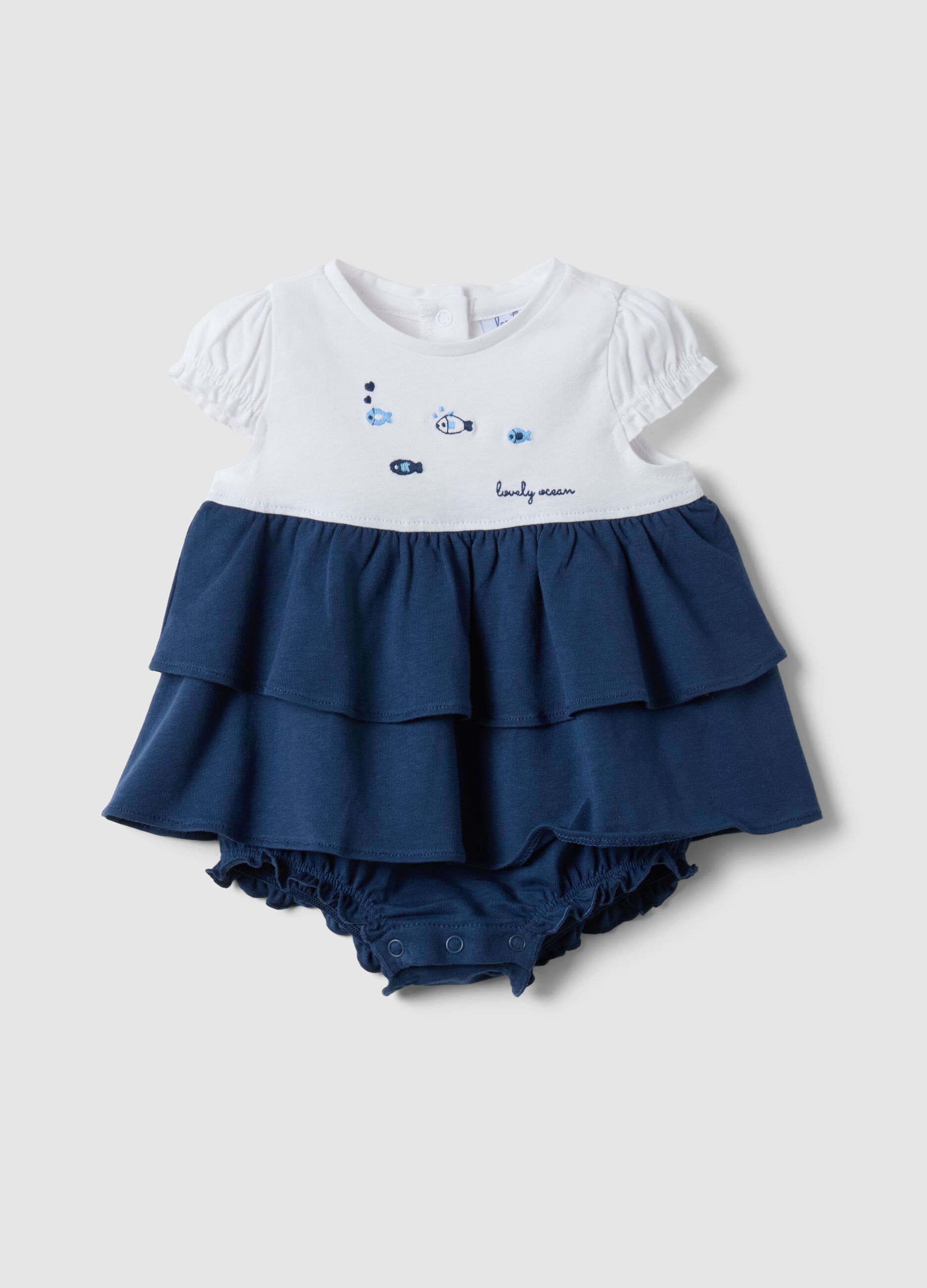 Multicolour pure cotton newborn romper with ruffles and fish