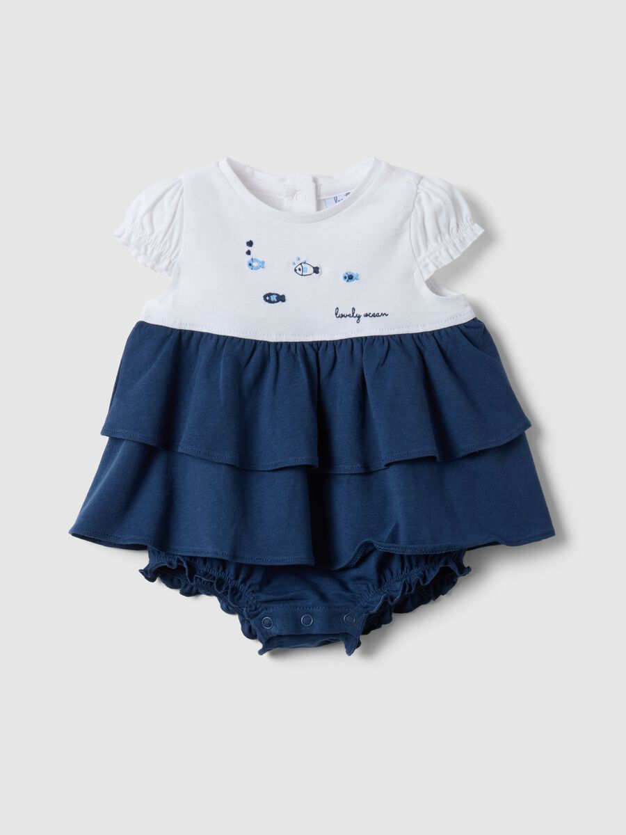 Pagliaccetto in puro cotone multicolor da neonata con balze e pesci_0