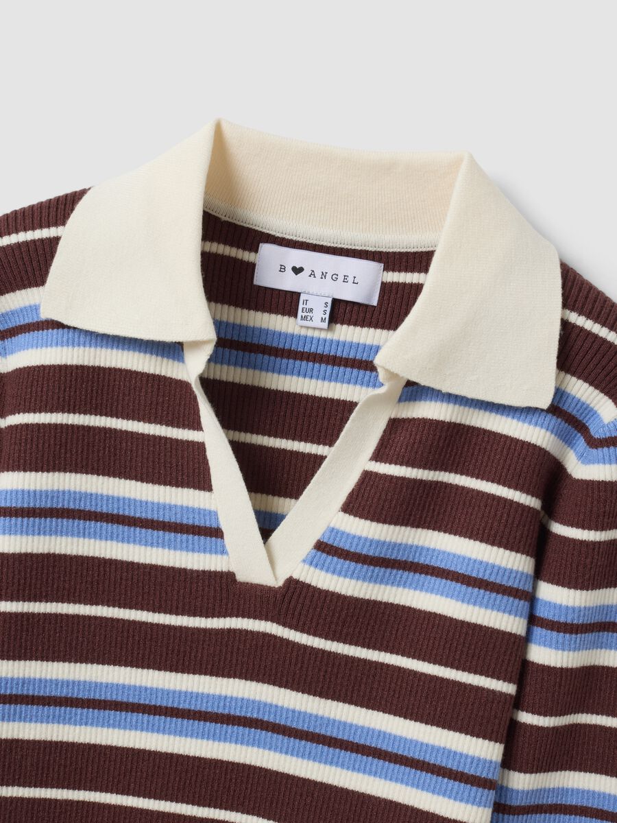 Multicolour striped viscose-blend fitted polo-collar knit top_5