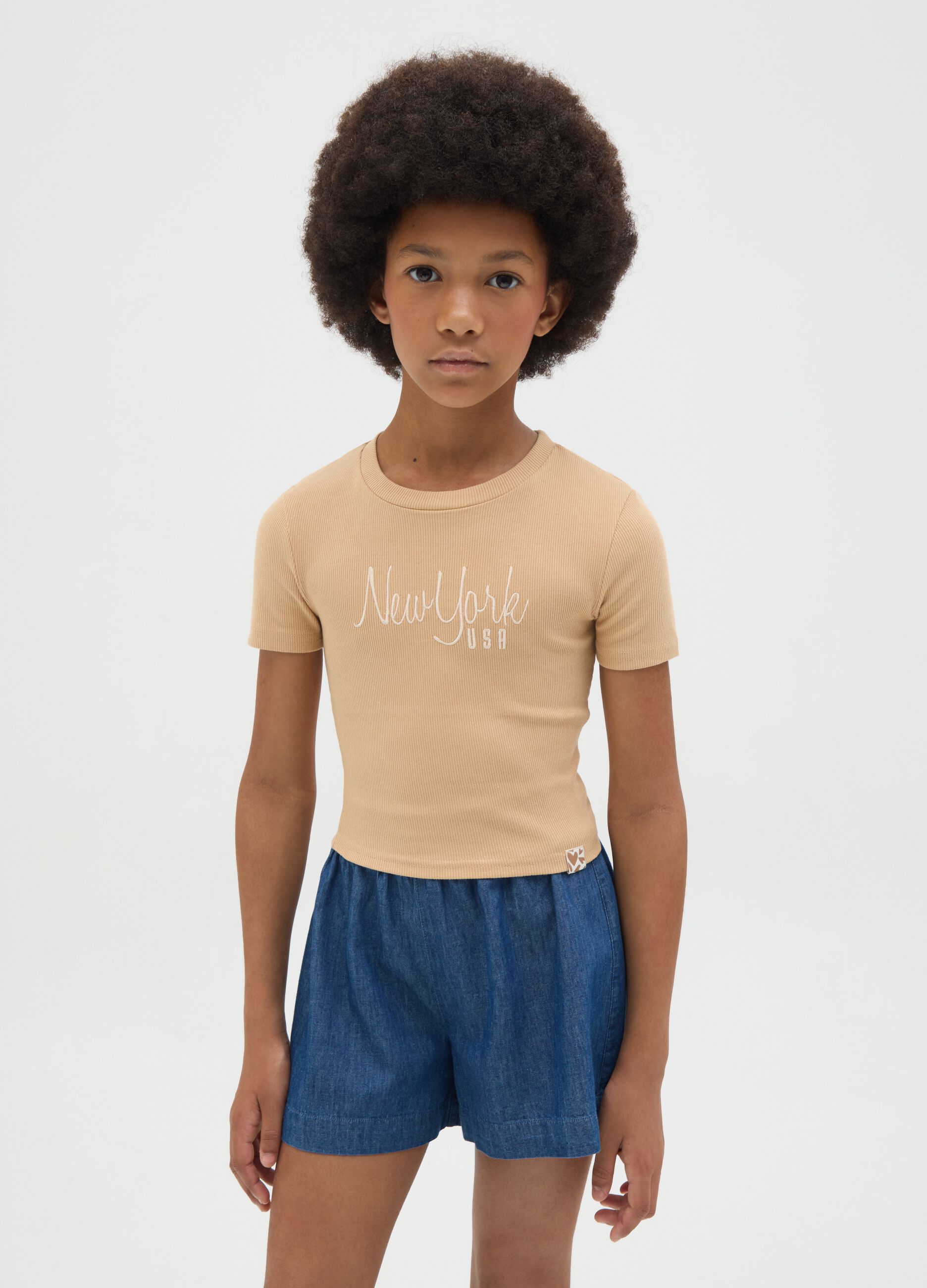 Girls' fitted beige stretch cotton t-shirt