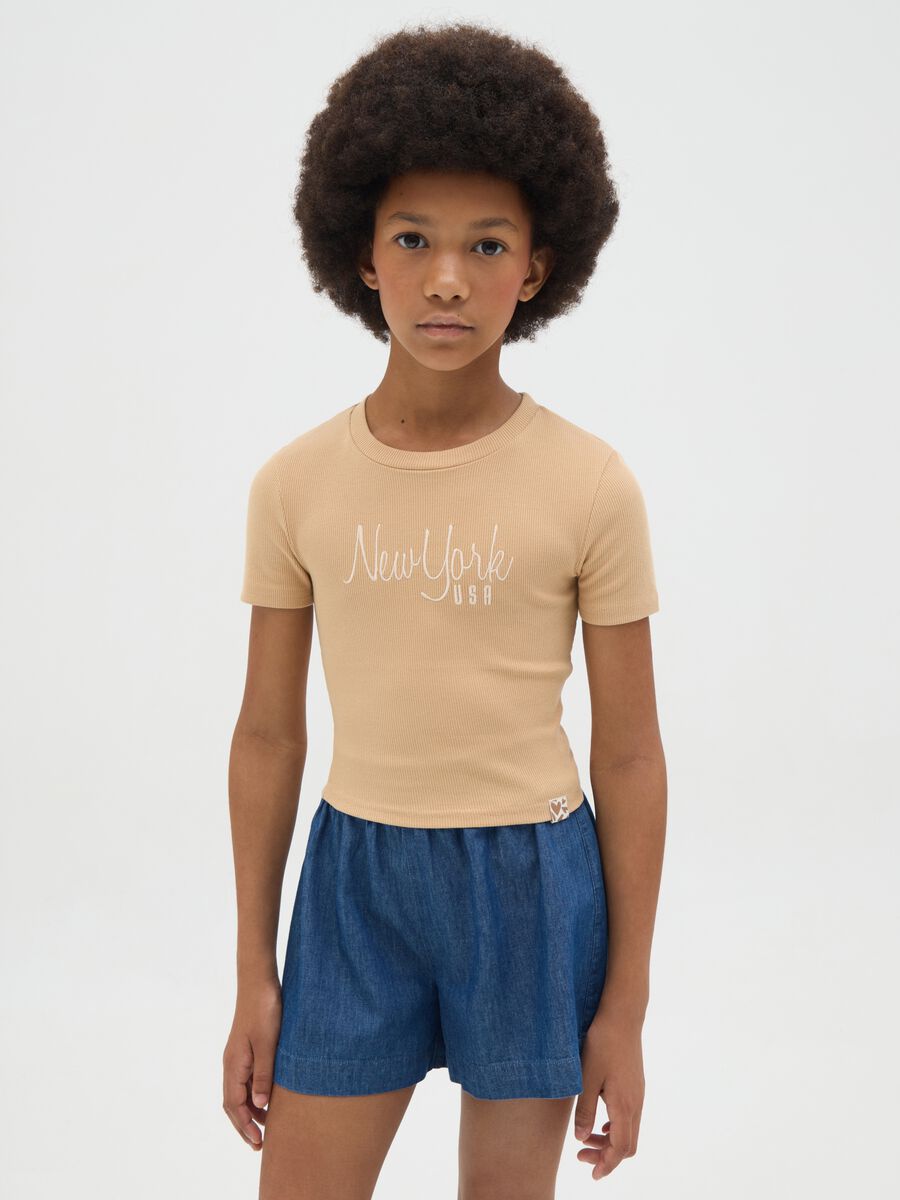 T-shirt da ragazza in cotone elasticizzato beige fitted_0