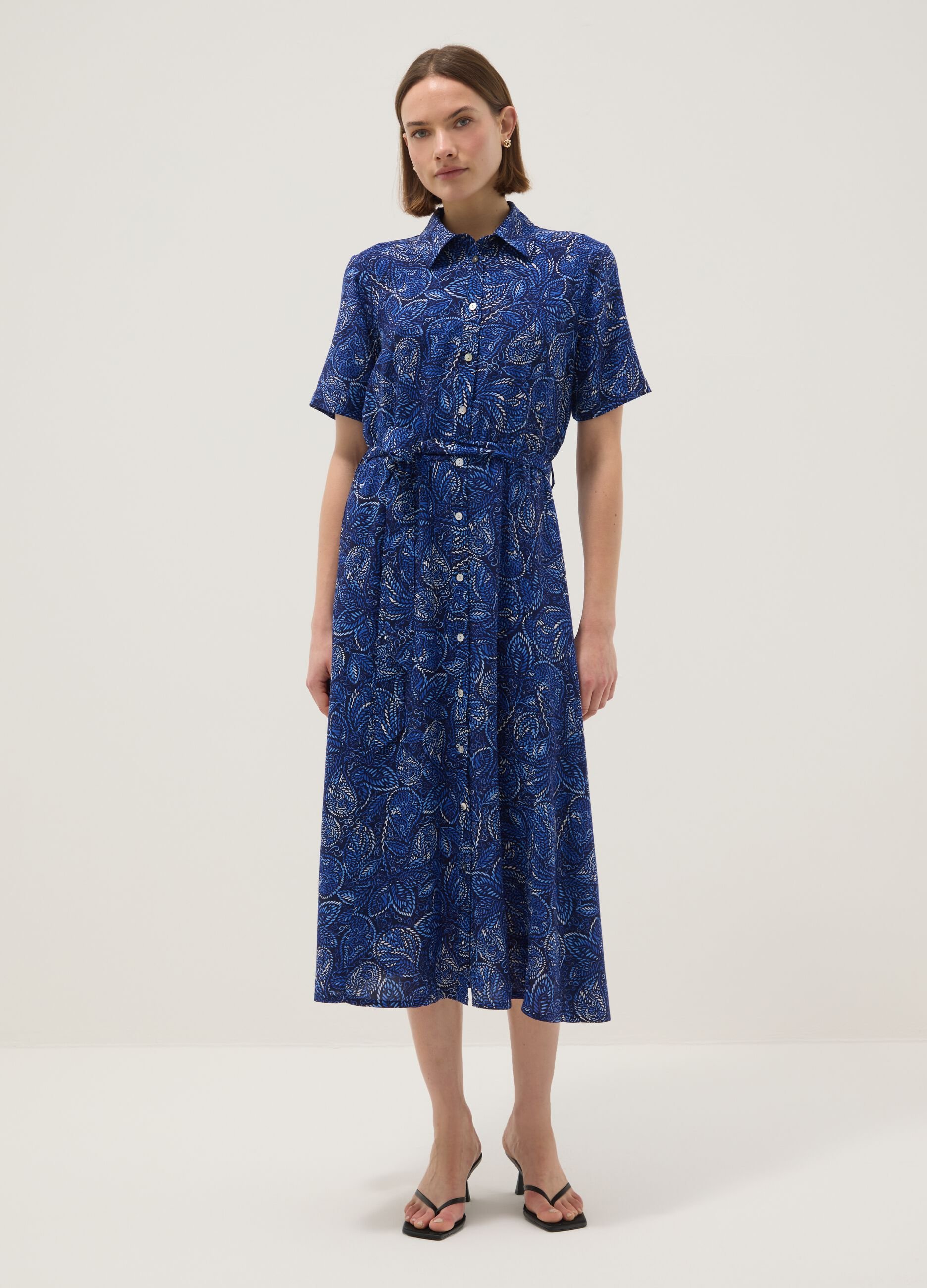 Multi-colour pure viscose dress, regular fit with belt