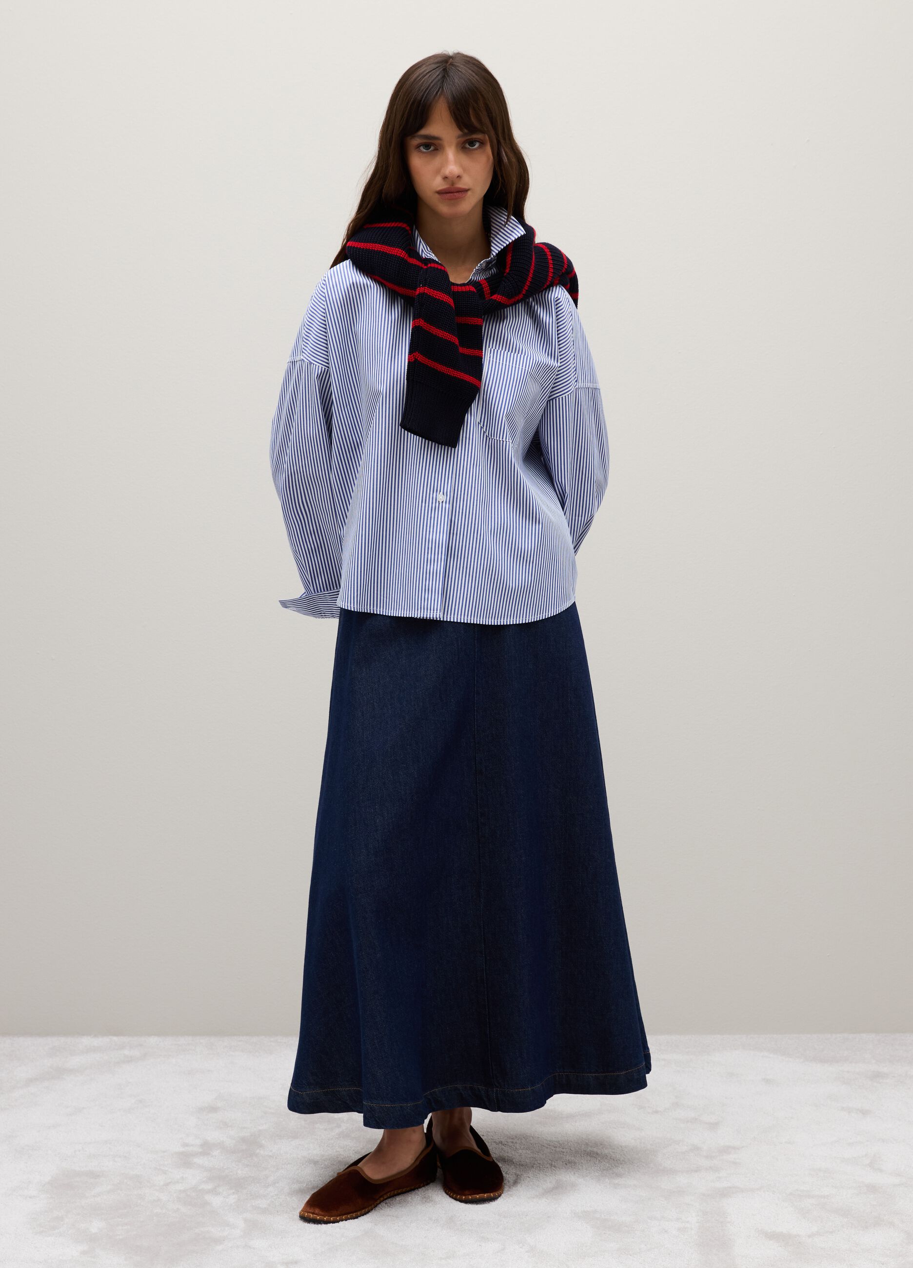 Oversized white and blue striped pure cotton shirt