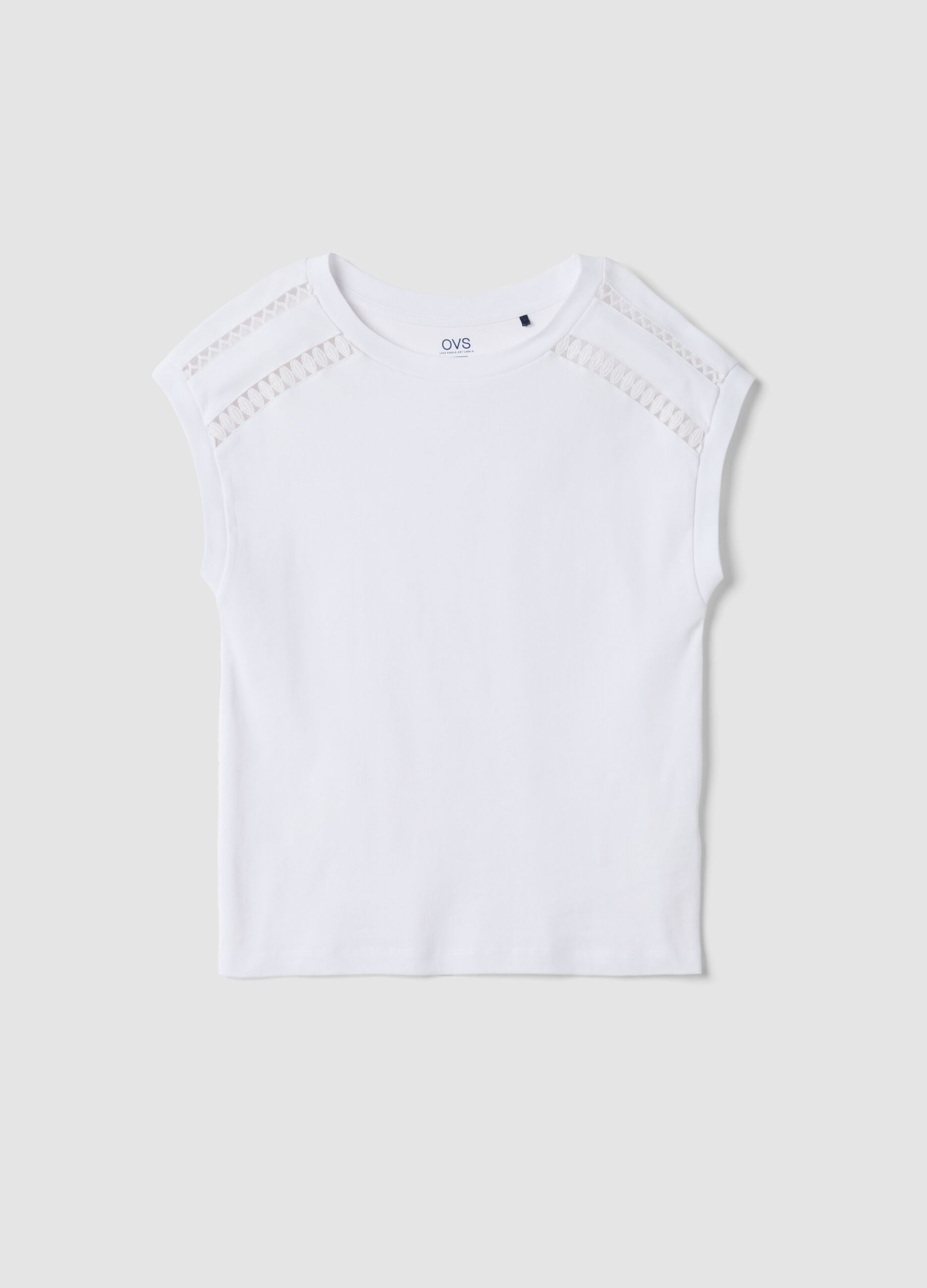 White pure cotton T-shirt with broderie inserts