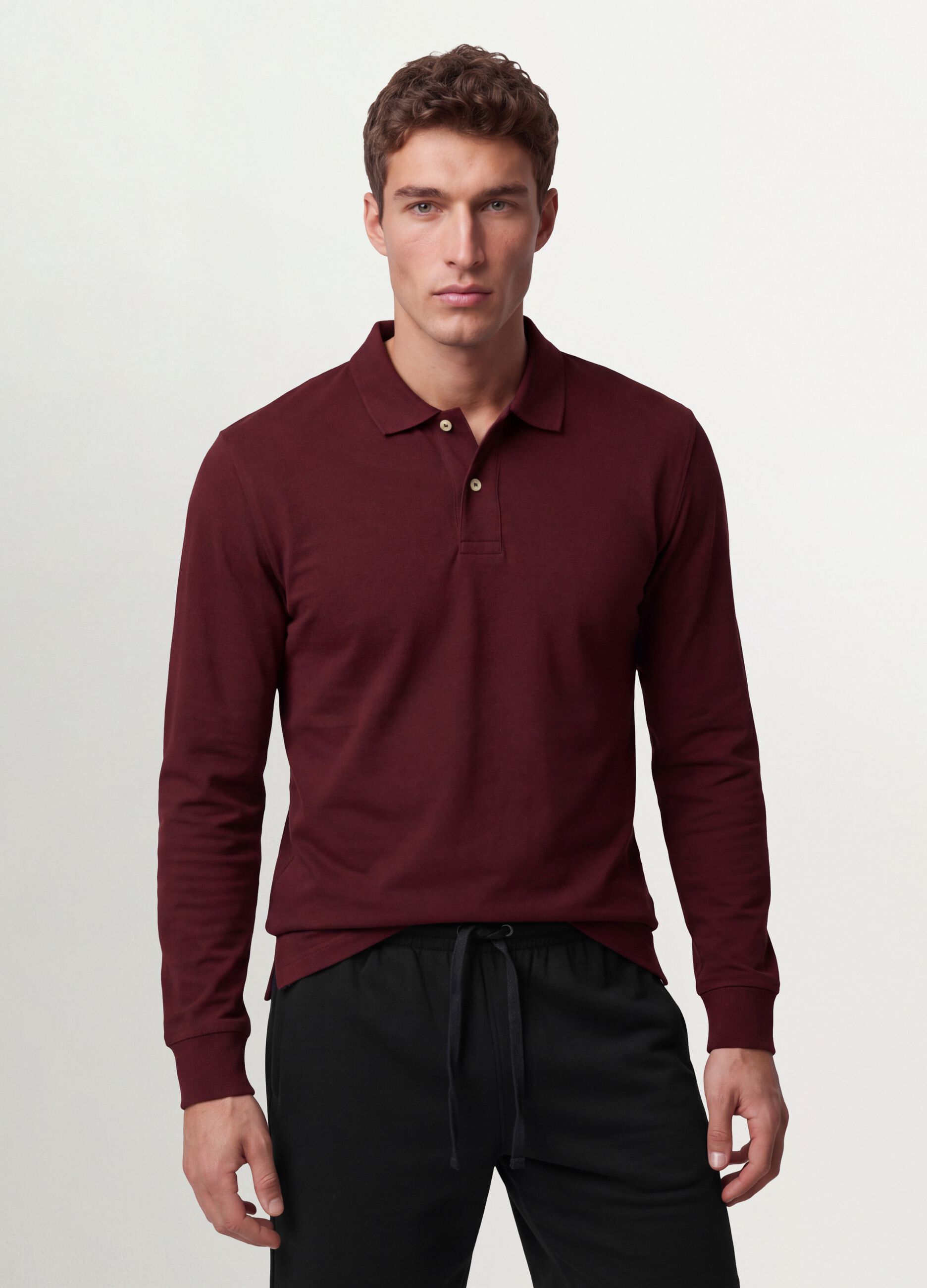 Polo rossa in piquet di puro cotone organico a maniche lunghe regular fit
