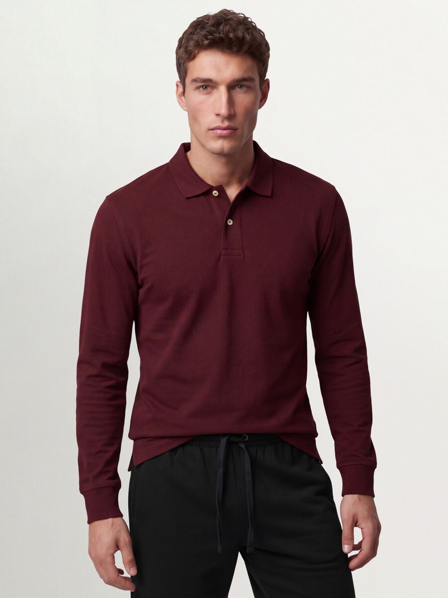 Polo rossa in piquet di puro cotone organico a maniche lunghe regular fit_1