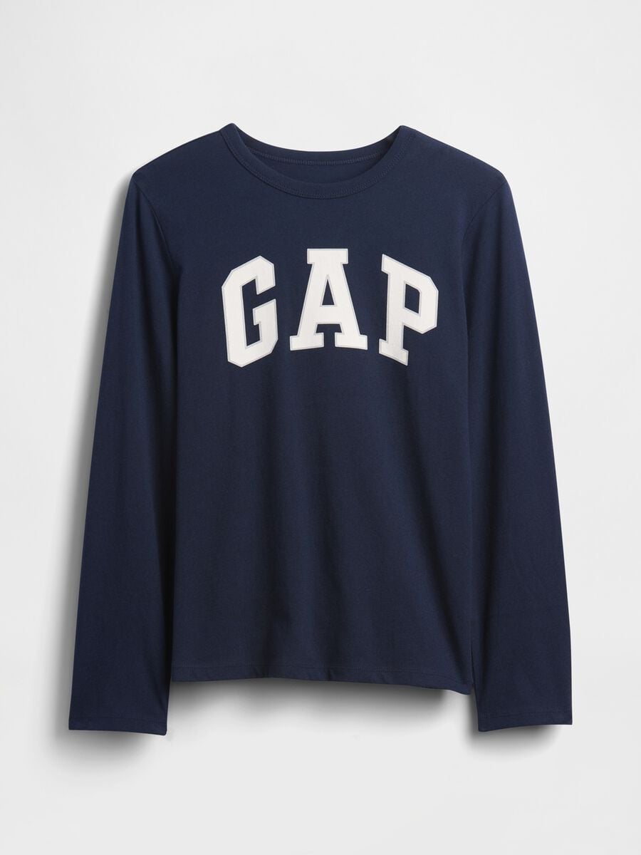 T-shirt blu a maniche lunghe in puro cotone con logo GAP_0