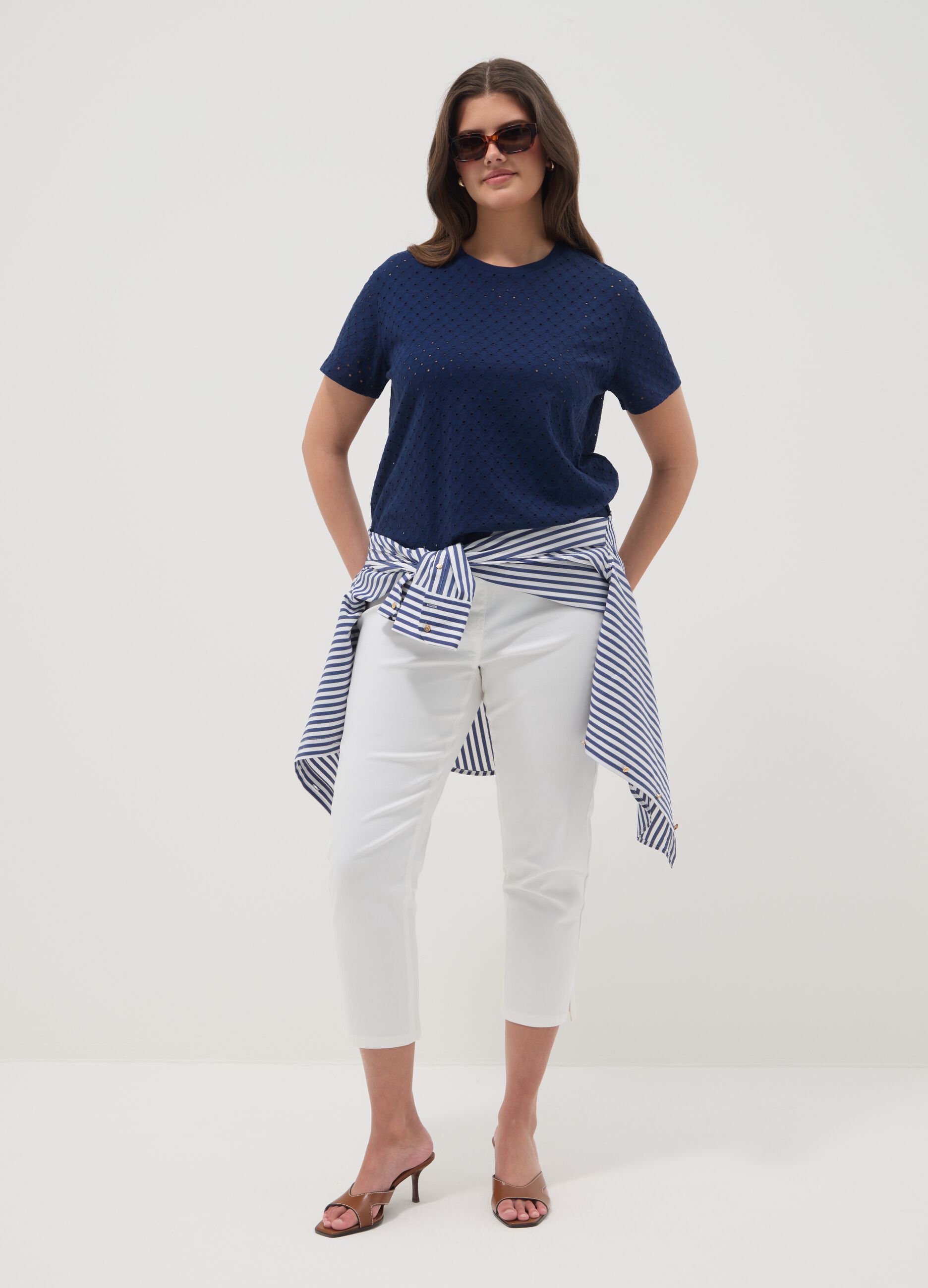 Blue open-knit cotton-blend T-shirt