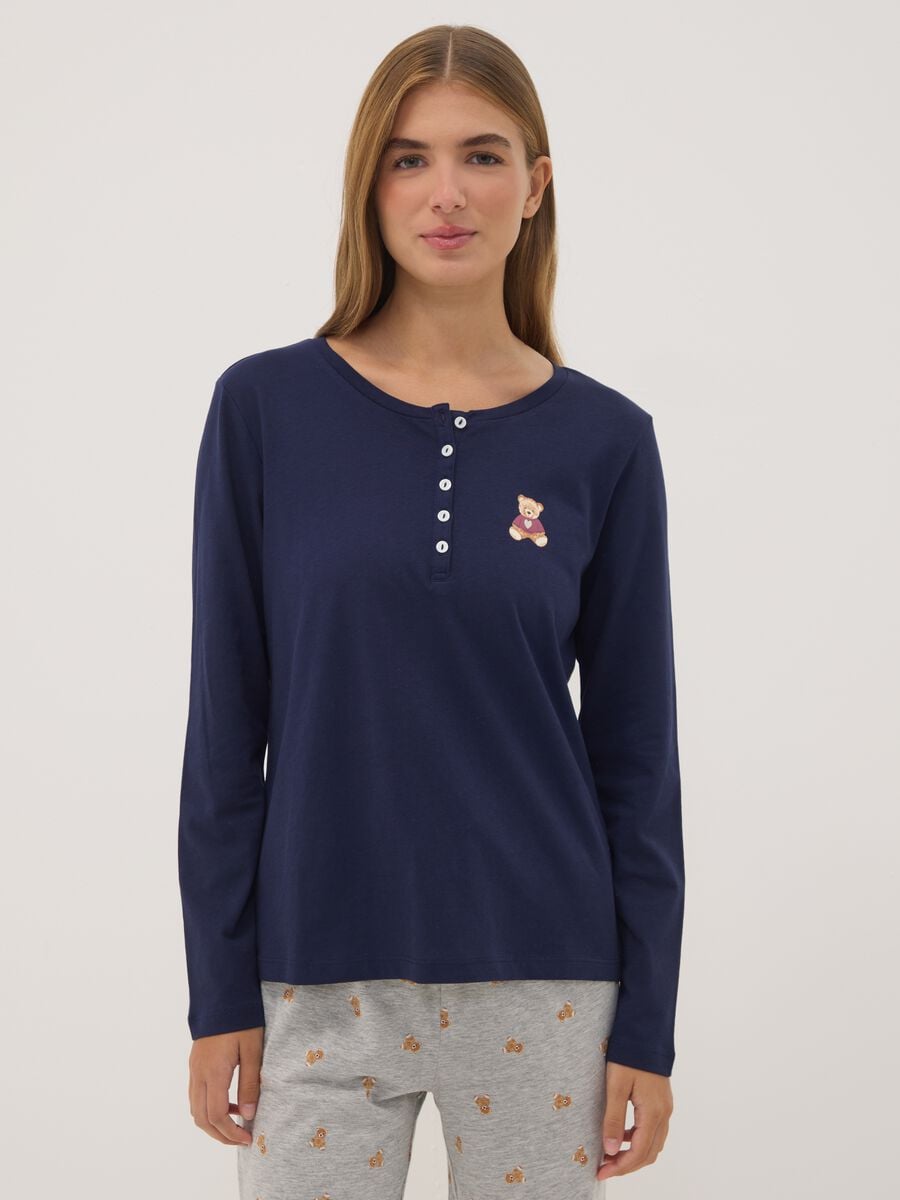Navy pure organic cotton pyjamas with henley neckline_1