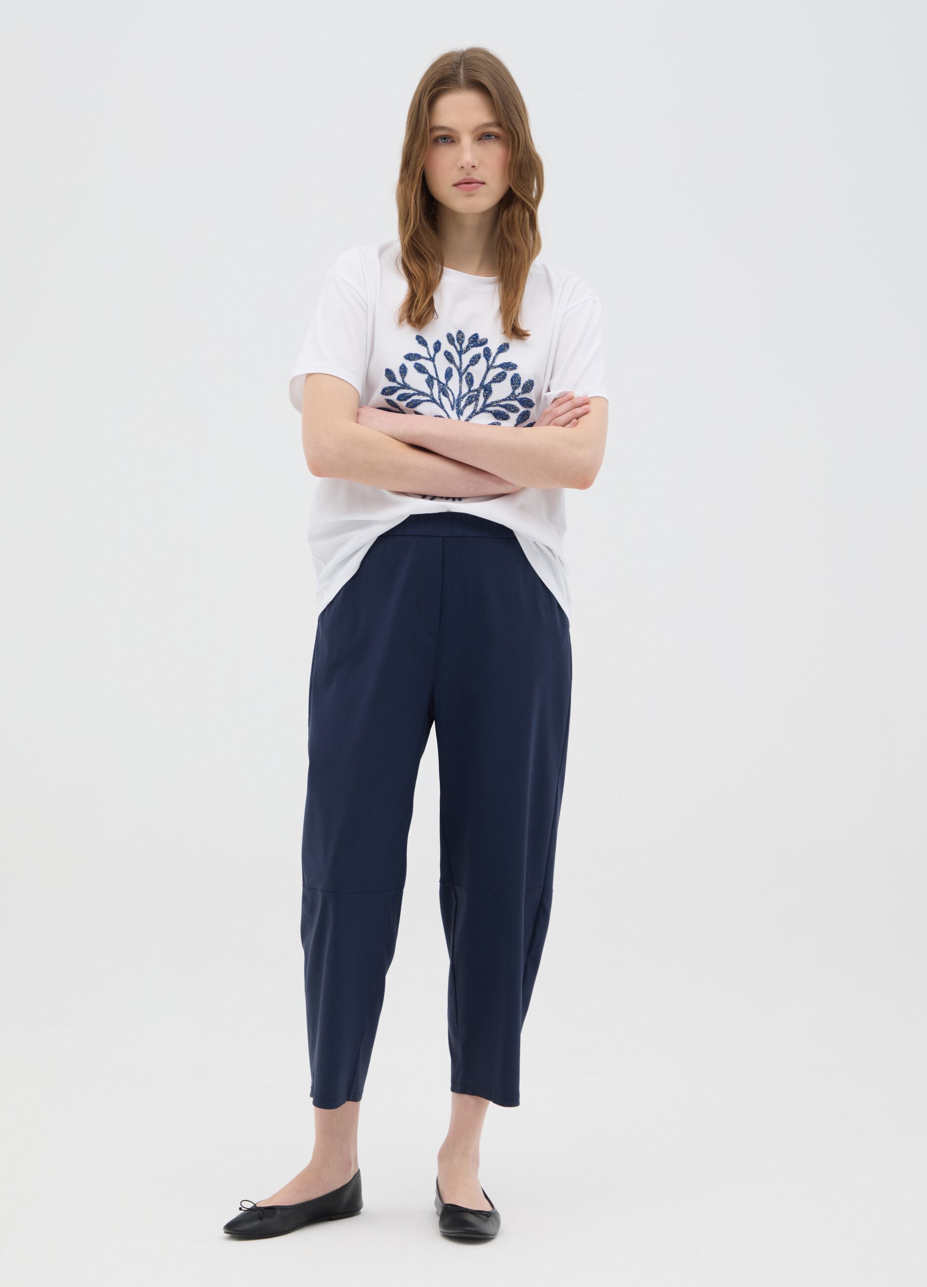 Women's blue regular fit stretch fabric trousers