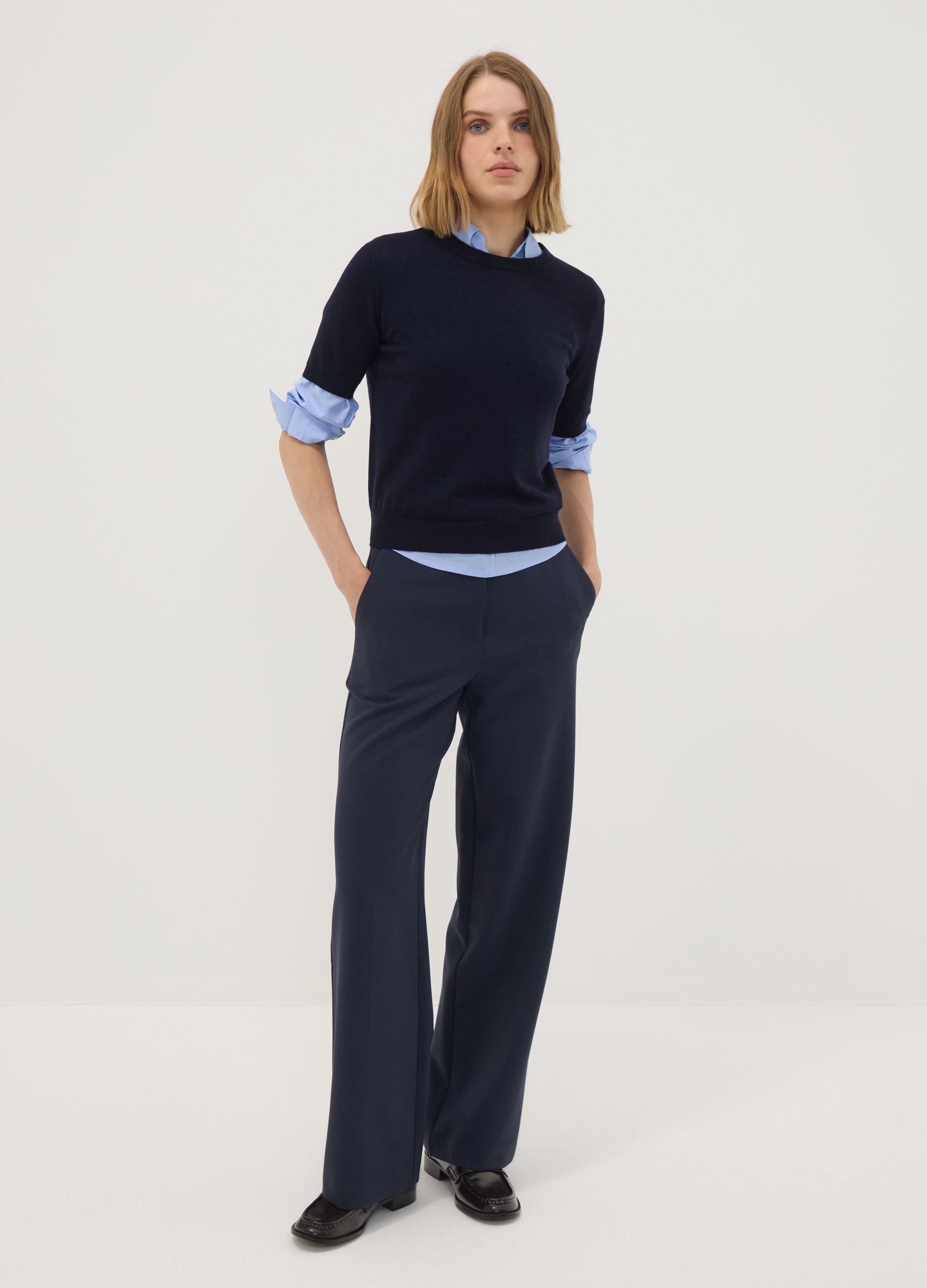 Navy wool-blend crew-neck short-sleeve jumper, regular fit