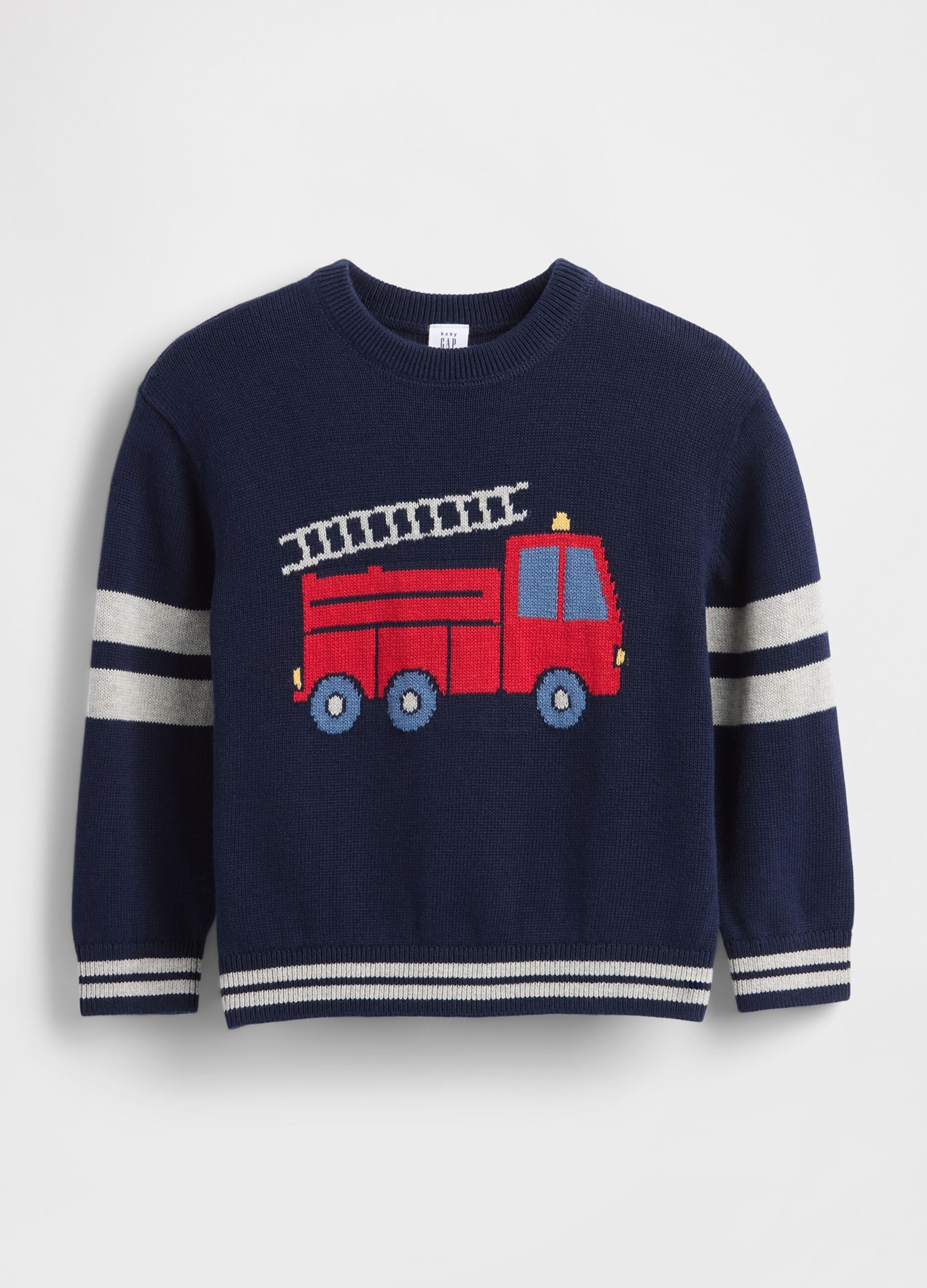 Blue jumper for kids with fire truck motif