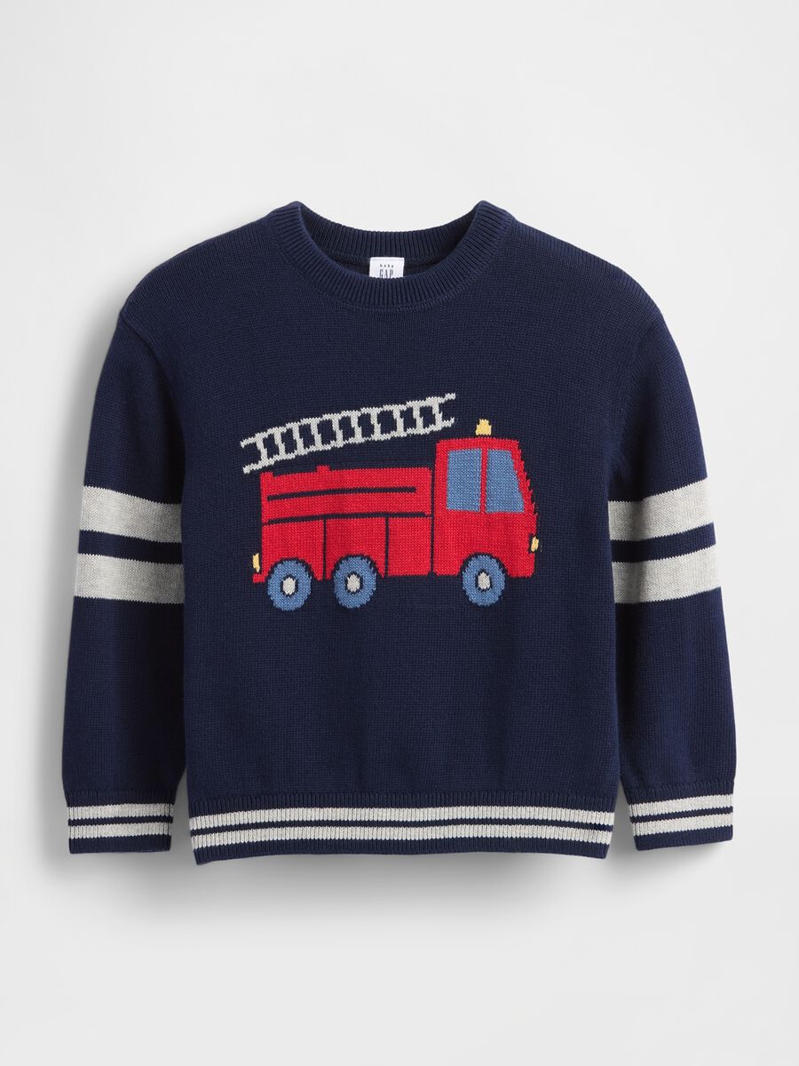 Blue jumper for kids with fire truck motif_0