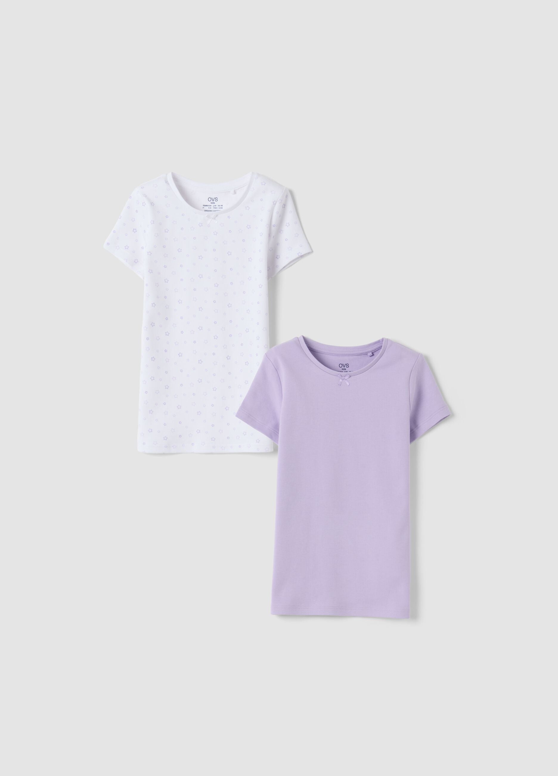 Bipack t-shirt bianco e viola in puro cotone organico girocollo