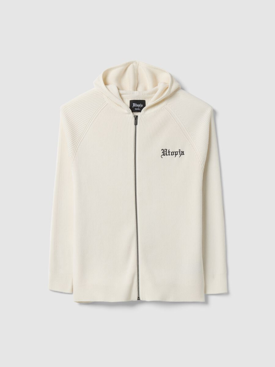 White Ribbed Knit Hoodie_0