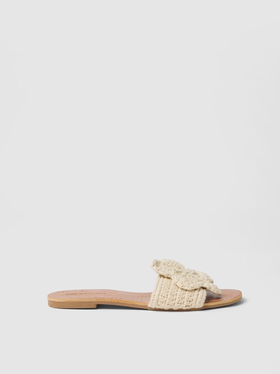 Beige Sandals with White Floral Detail_0