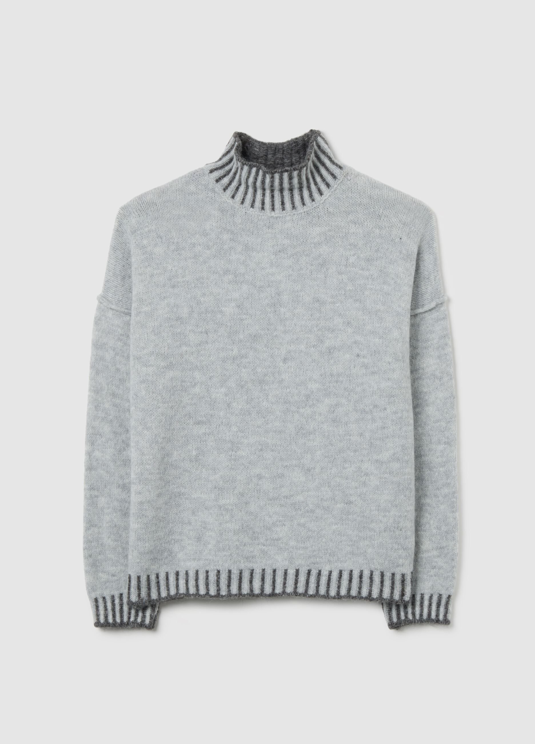 Melange grey jumper with high neck and contrast trim
