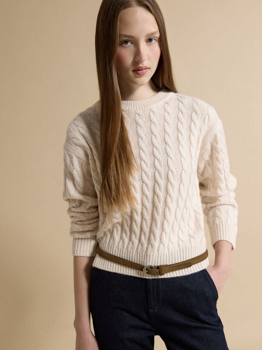 Maglia beige in misto lana a trecce con girocollo over fit_0