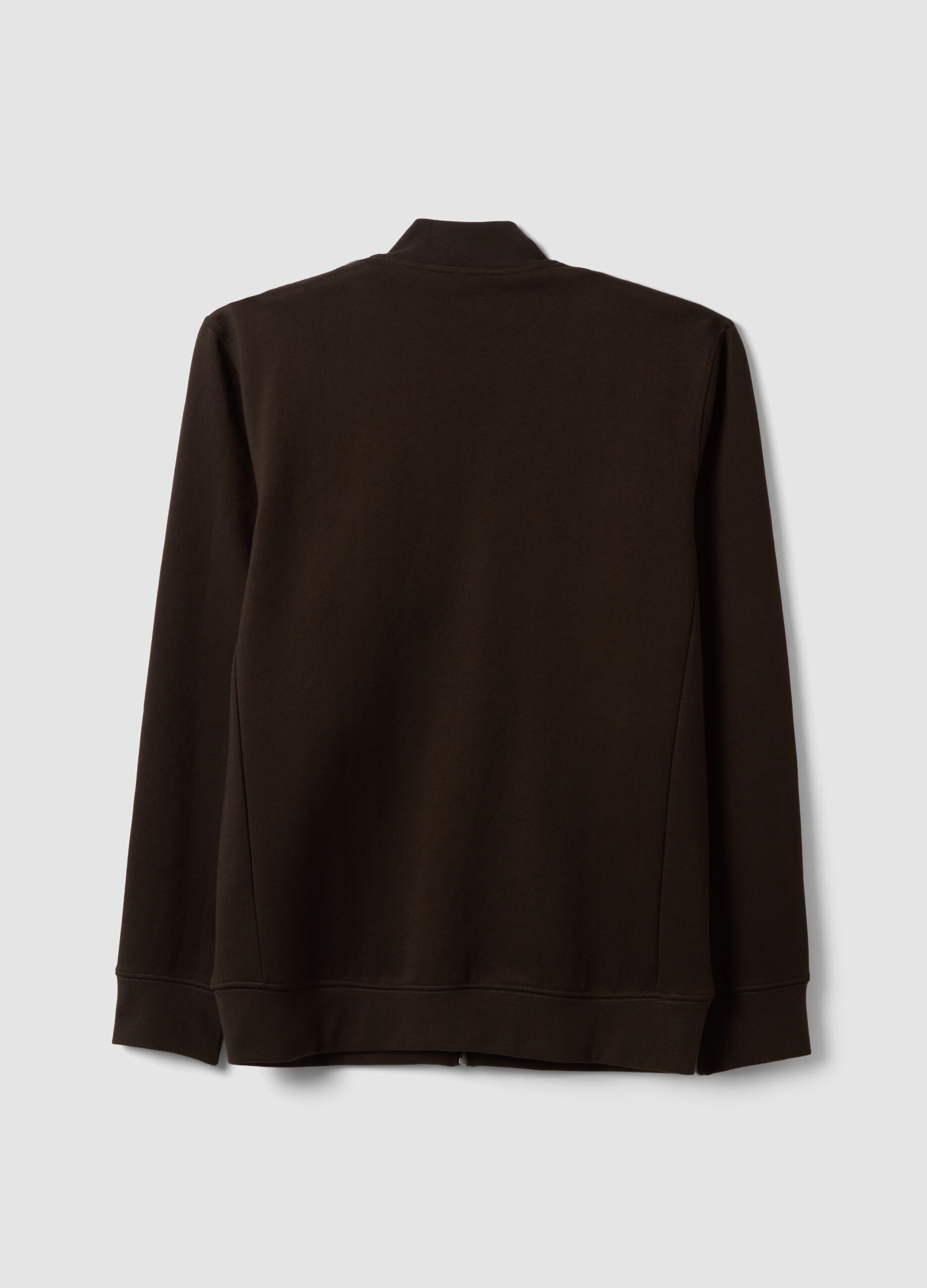 Brown full-zip sweatshirt in stretch piqu&eacute; with ribbed collar