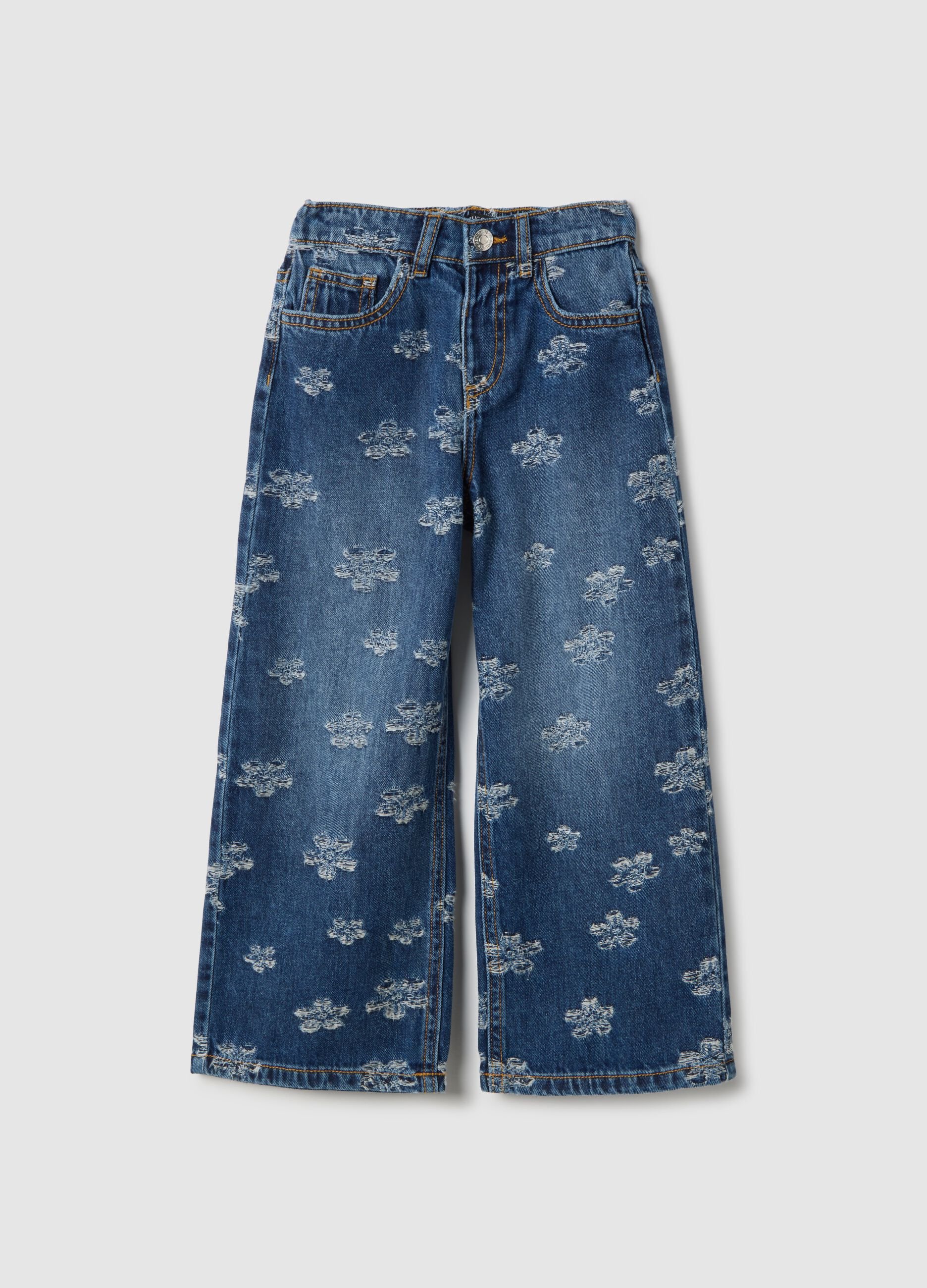 Girls' blue pure cotton jeans regular fit with flowers
