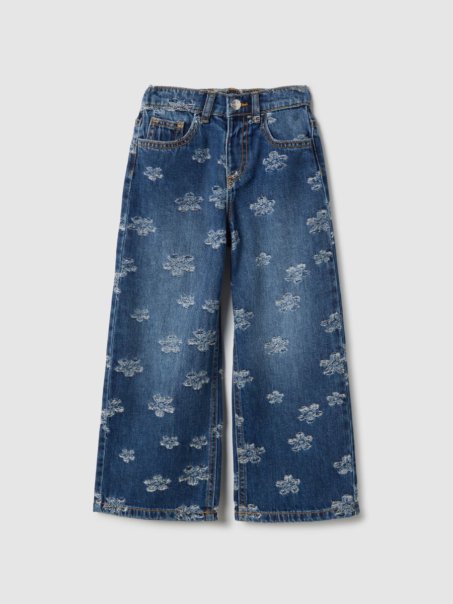 Girls' blue pure cotton jeans regular fit with flowers_0