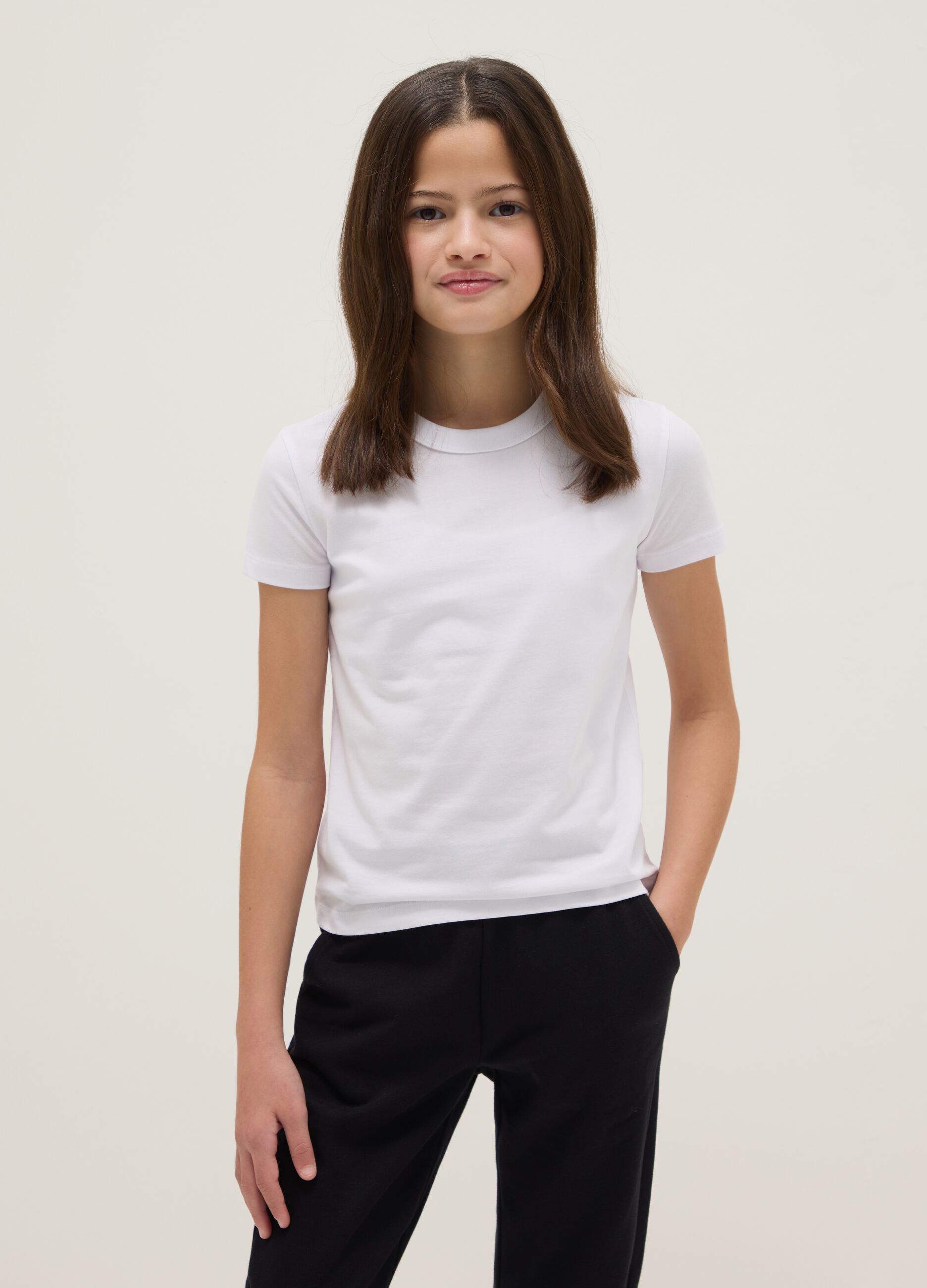 Girls' white cotton blend regular fit T-shirt