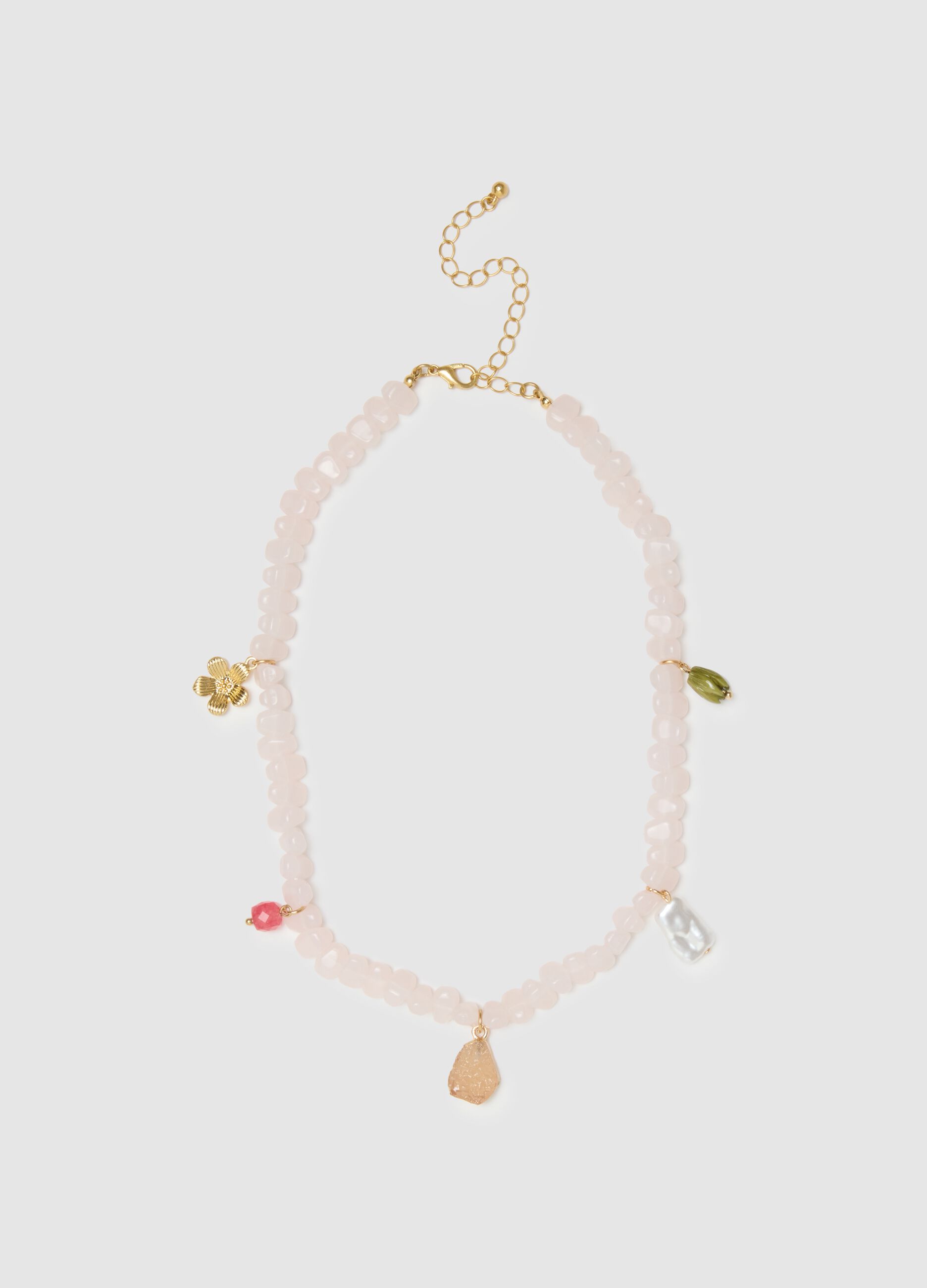 Pink glass necklace with charms