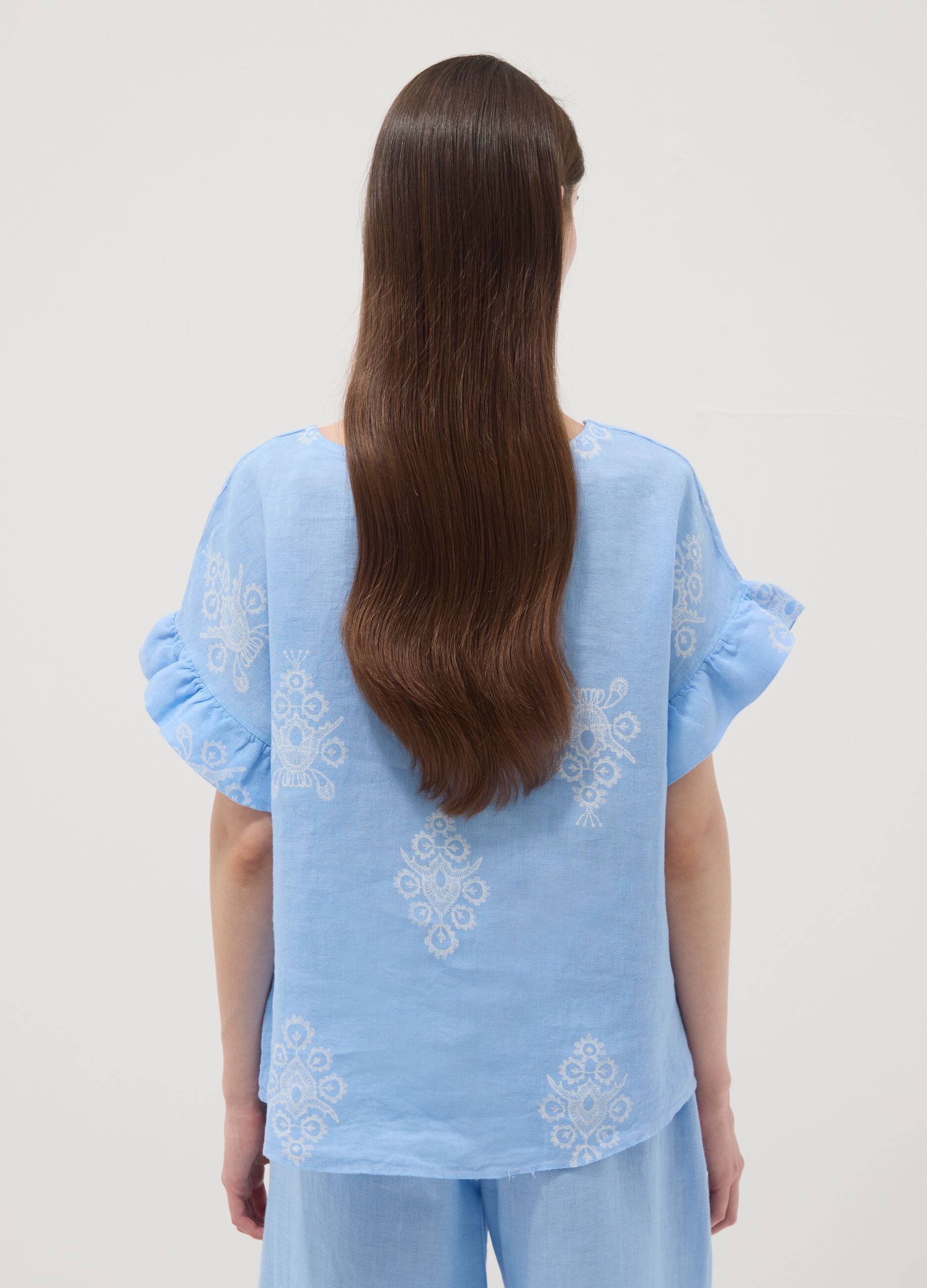 Light blue pure linen blouse with embroidery and ruffled sleeves, regular fit