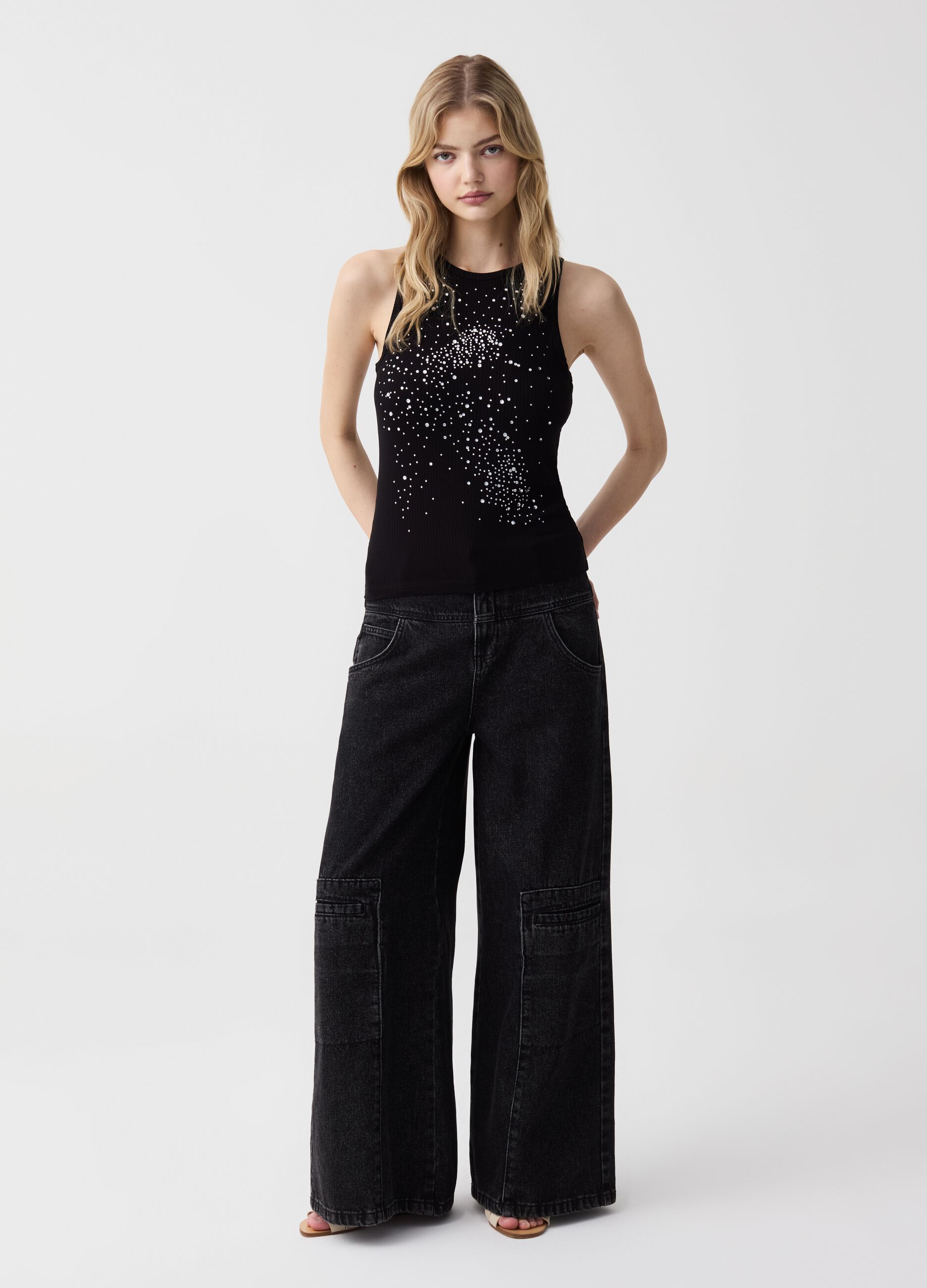 Ribbed tank top with diamantés