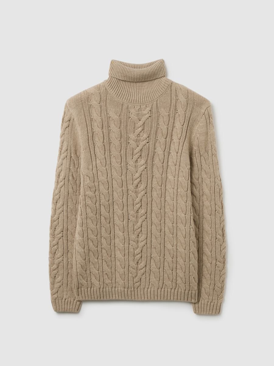Beige Regular Fit Turtleneck Sweater with Cable Design_1