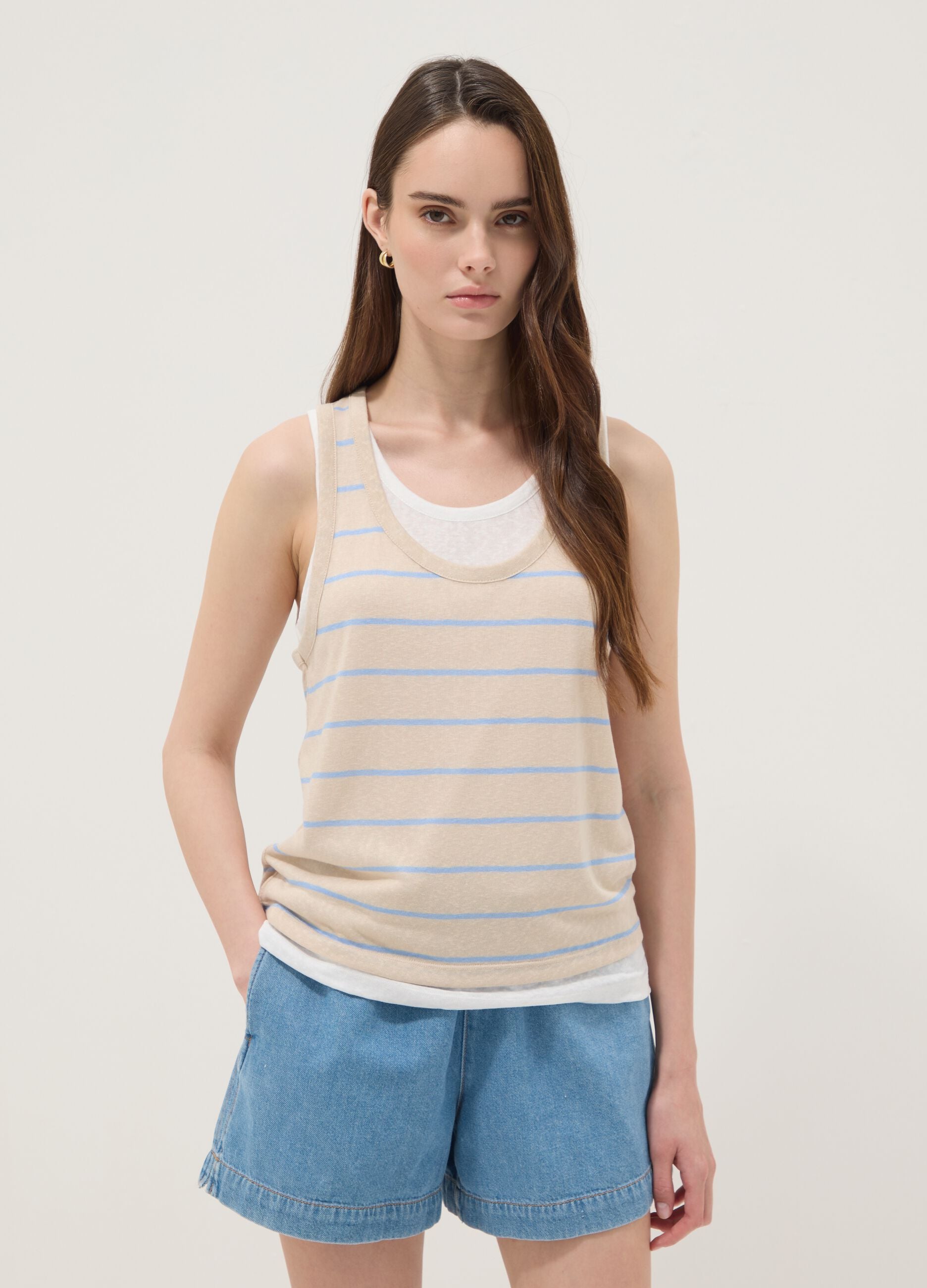 Beige striped viscose-blend tank top, regular fit
