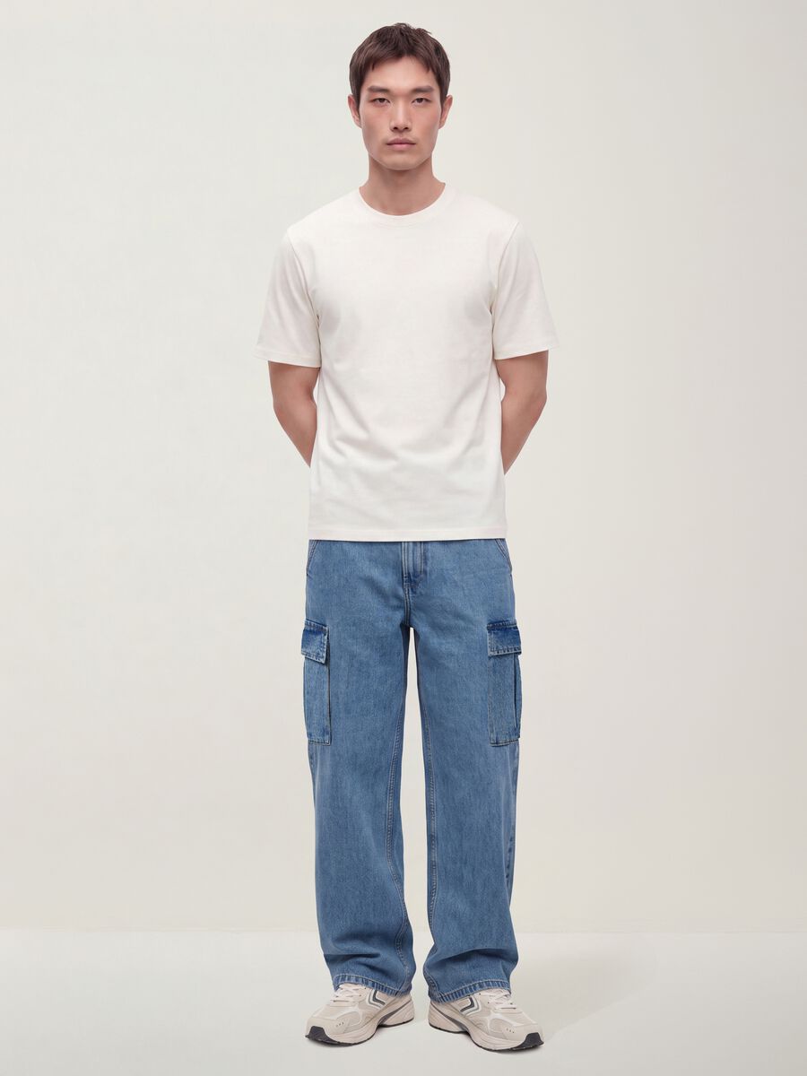 Blue pure cotton wide-leg cargo jeans_1