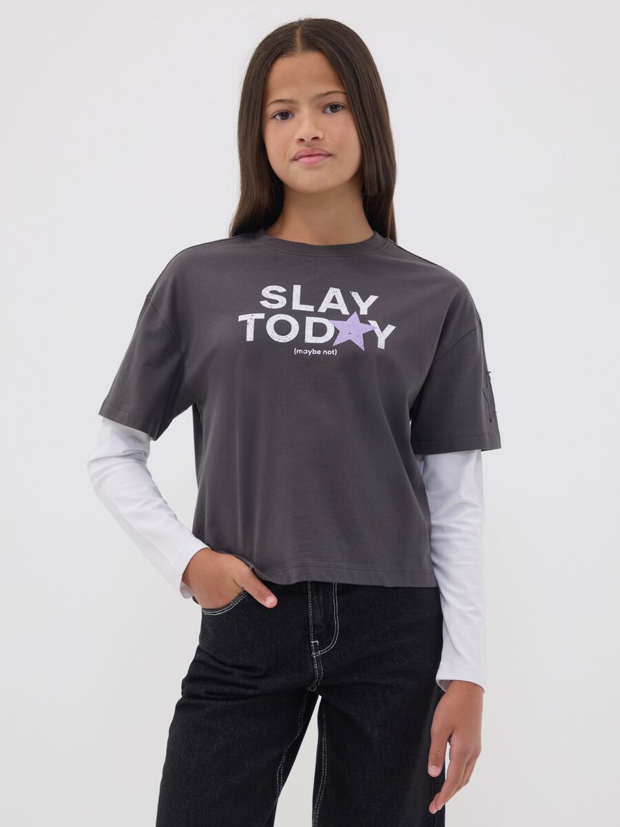 Girls&rsquo; grey oversized pure cotton T-shirt with double sleeves_1