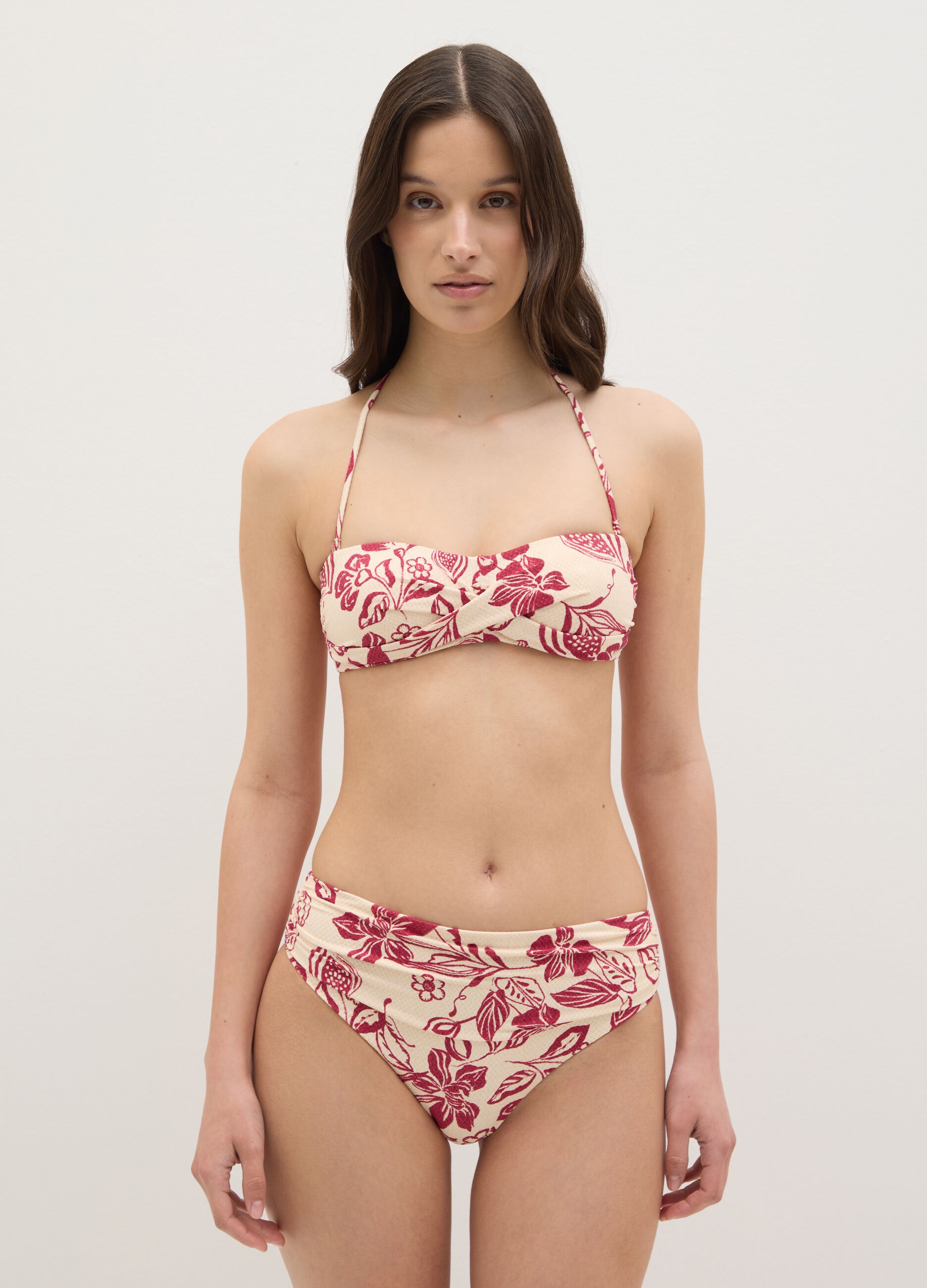 Cream and red floral bandeau bikini top