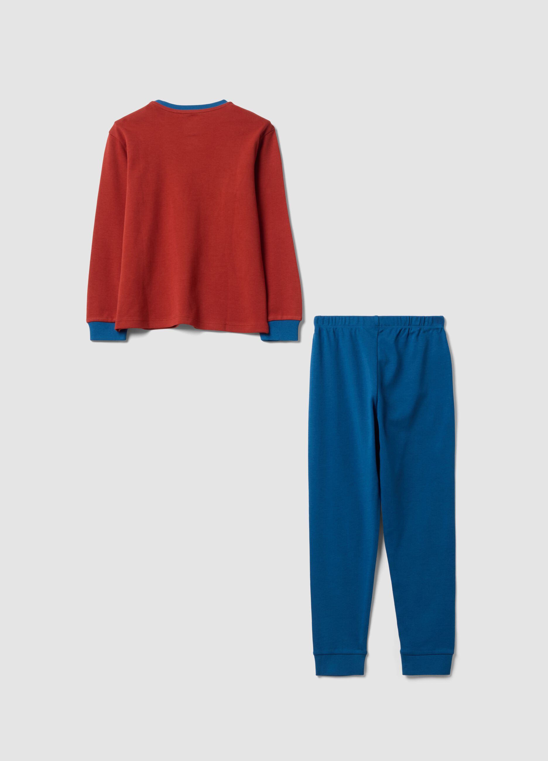 Red organic cotton pyjamas with crew neck and teddy print