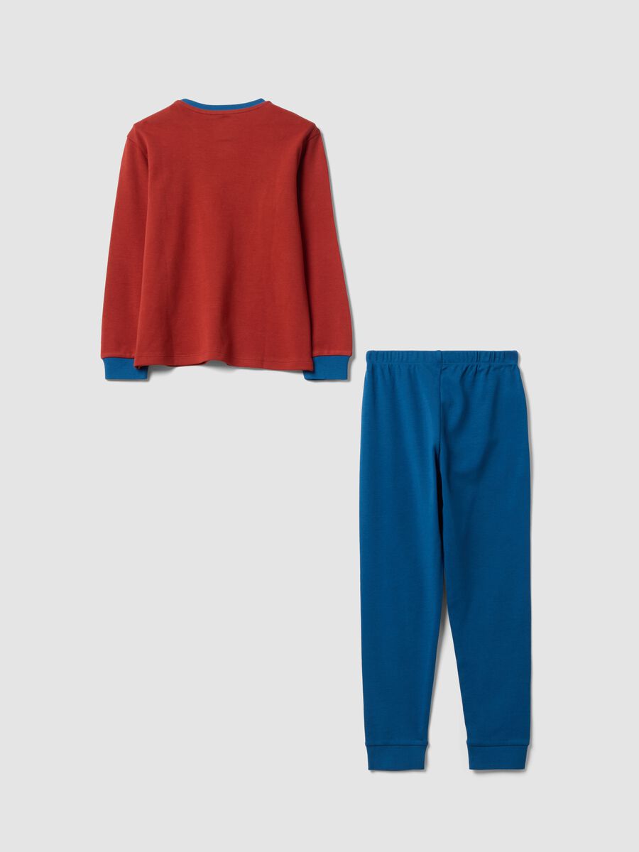 Pigiama rosso in puro cotone organico con girocollo e stampa teddy_1