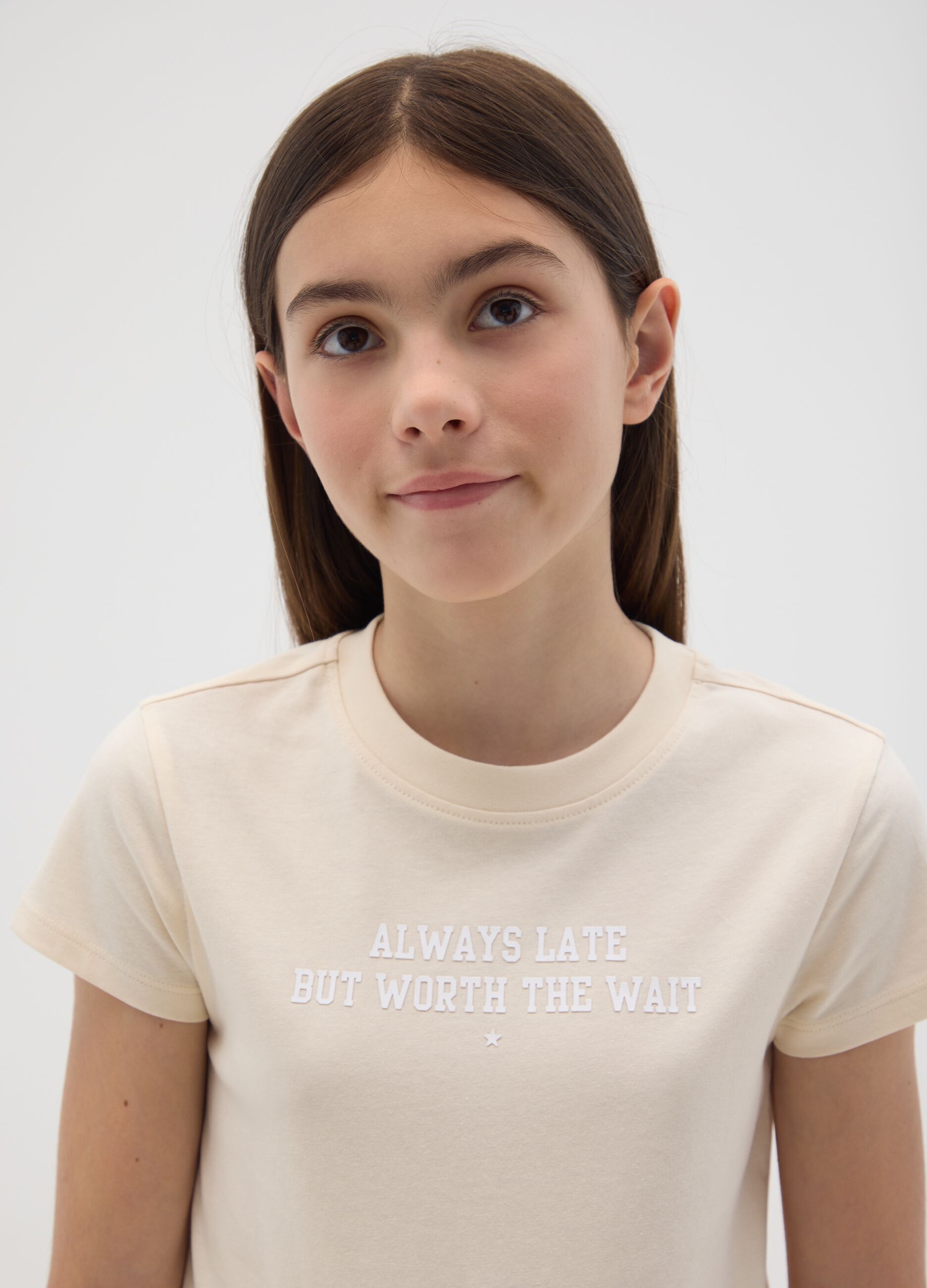 Girls' beige cotton T-shirt regular fit