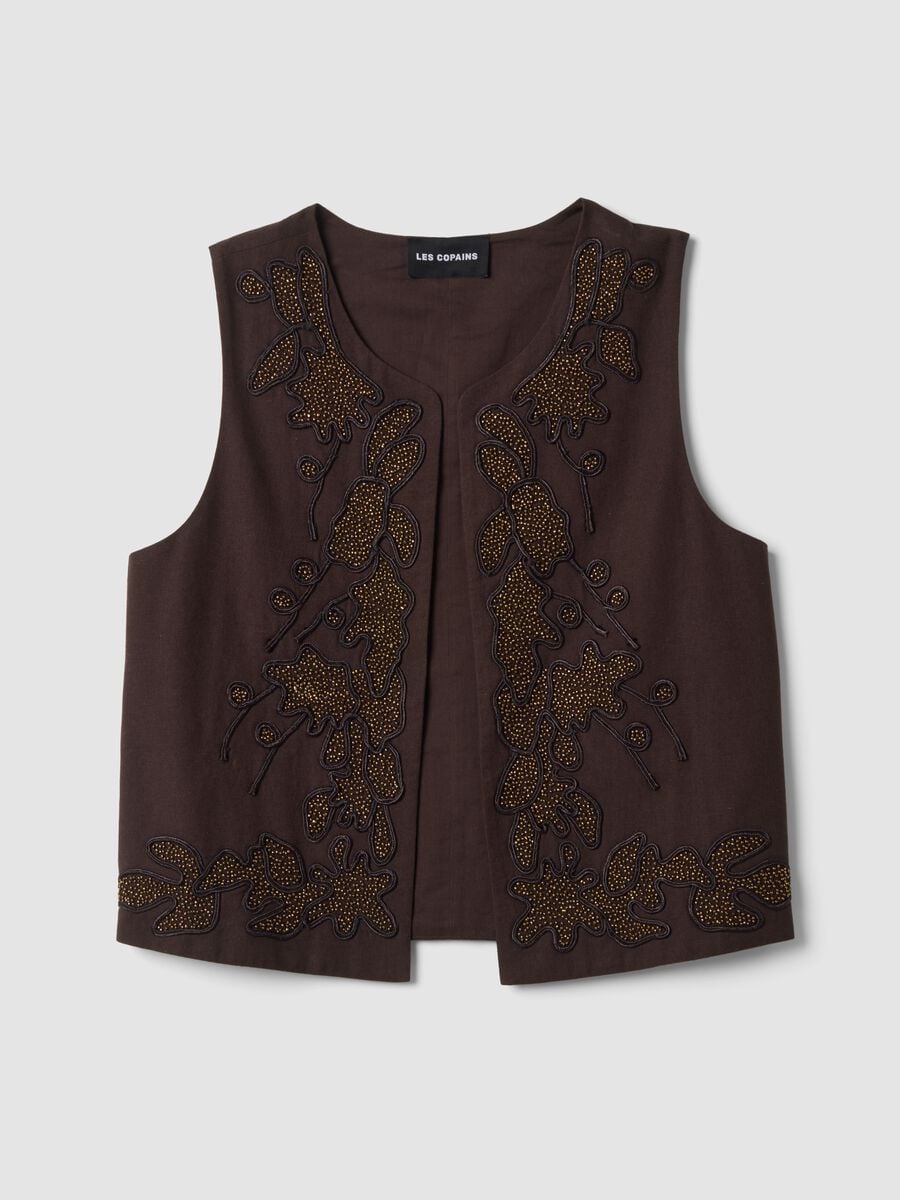 Brown cotton-linen blend waistcoat with floral embroidery_4